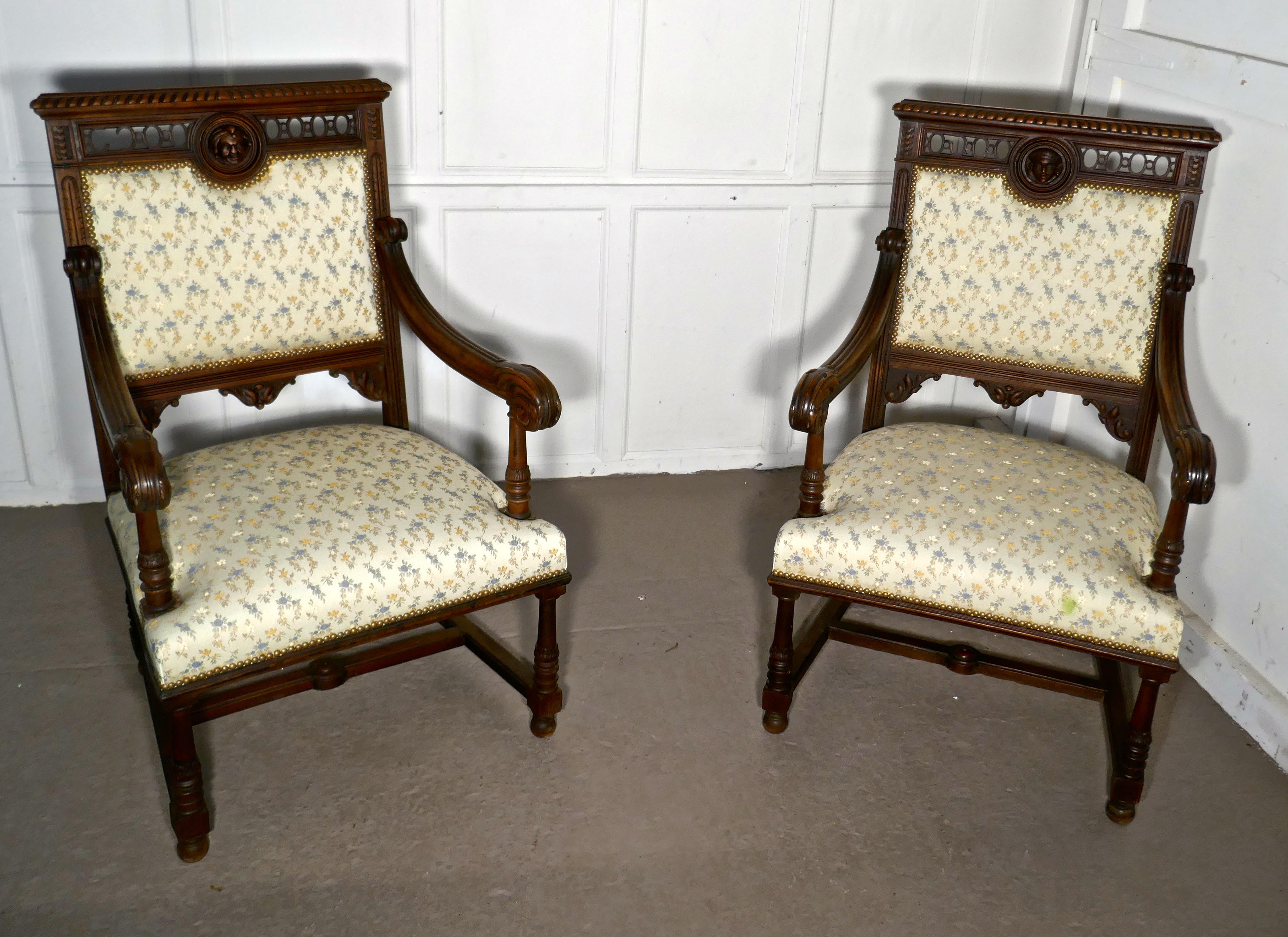 Late 19th Century Large French Gothic Library Throne Chairs     For Sale