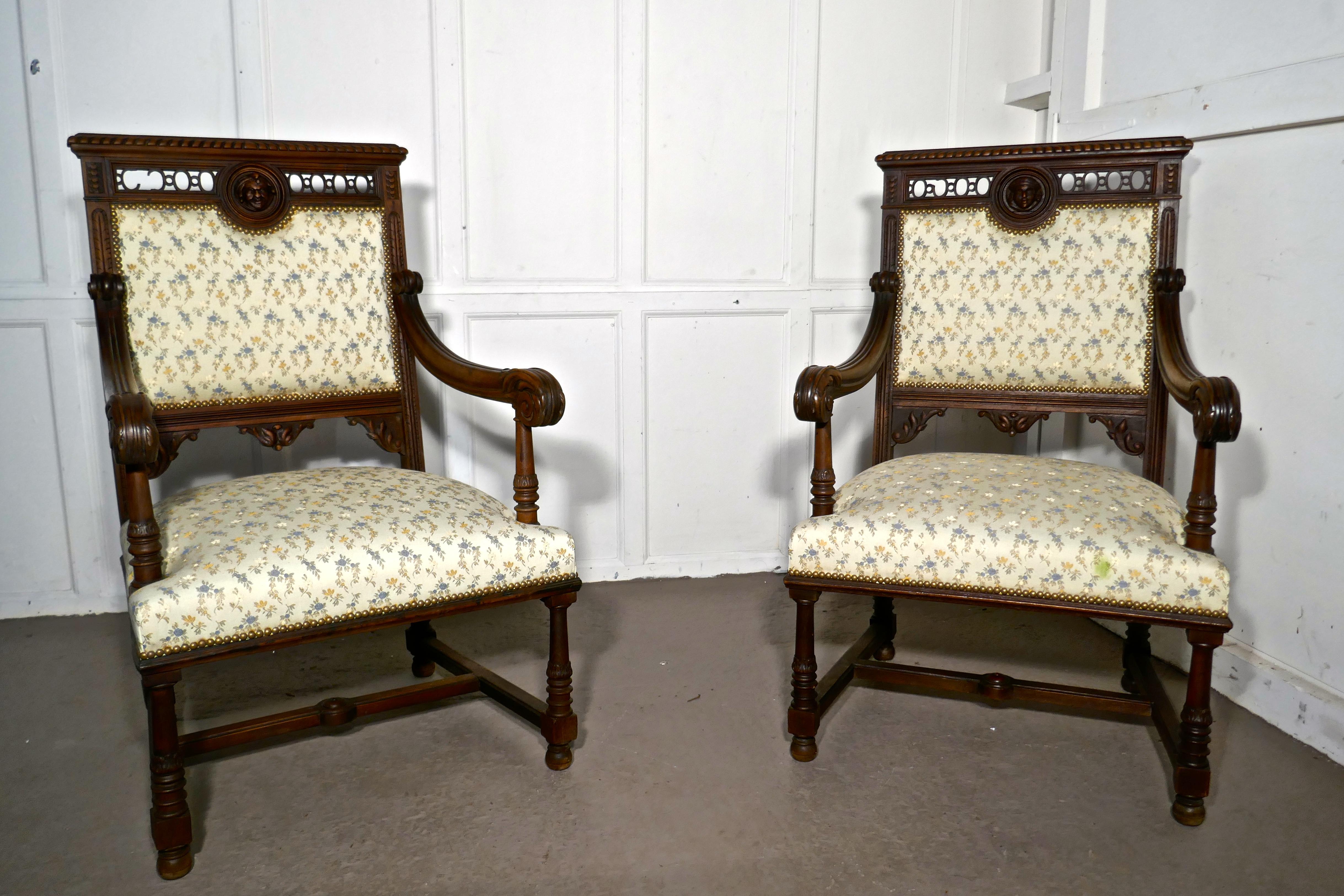 Walnut Large French Gothic Library Throne Chairs     For Sale