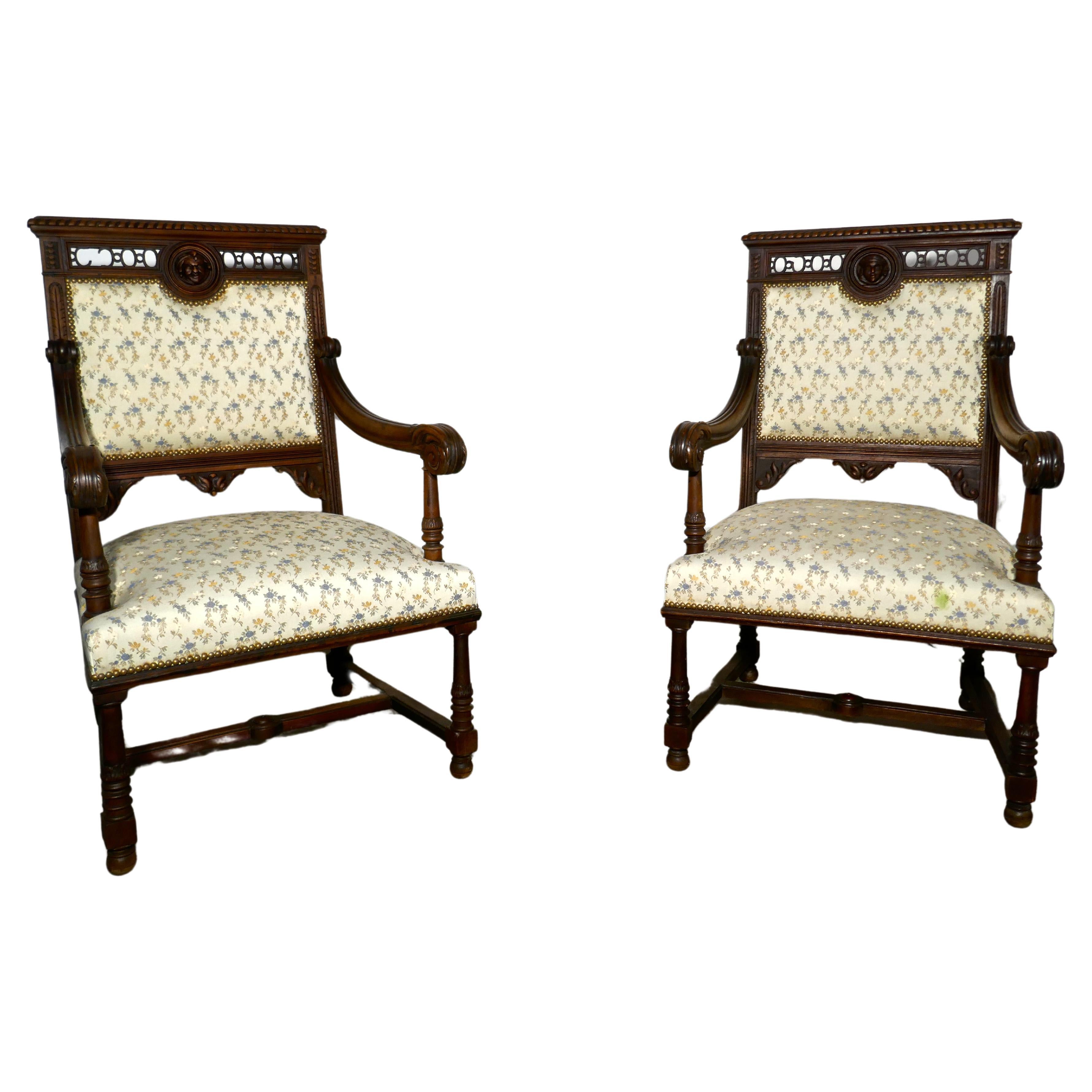 Large French Gothic Library Throne Chairs    