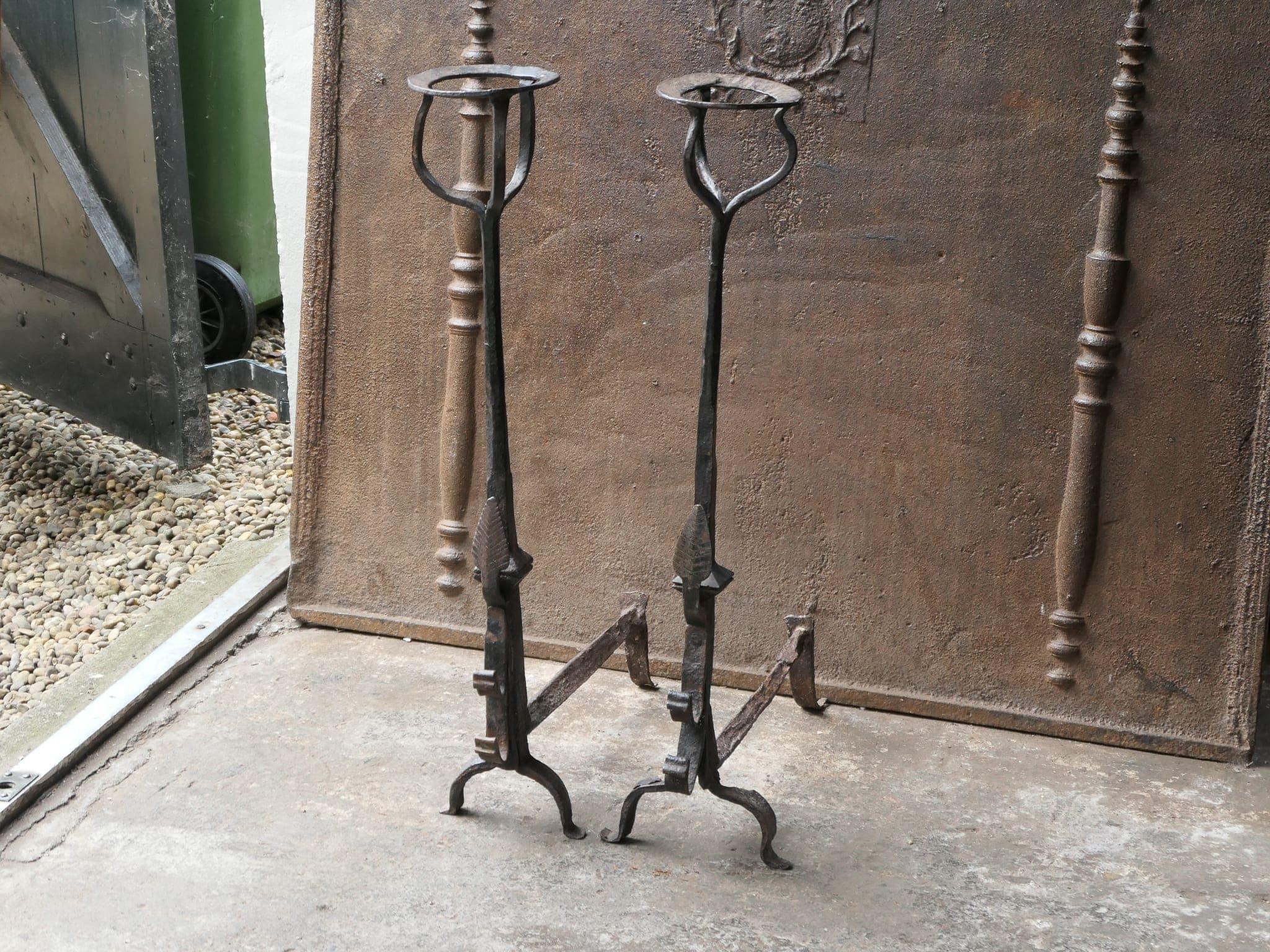 Wrought Iron Large French Gothic Style Andirons or Firedogs For Sale
