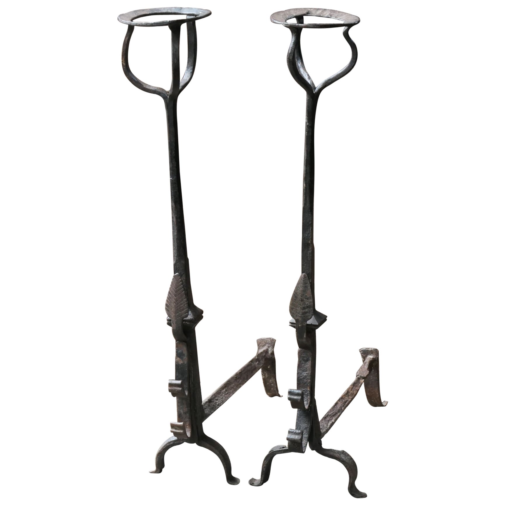 Large French Gothic Style Andirons or Firedogs