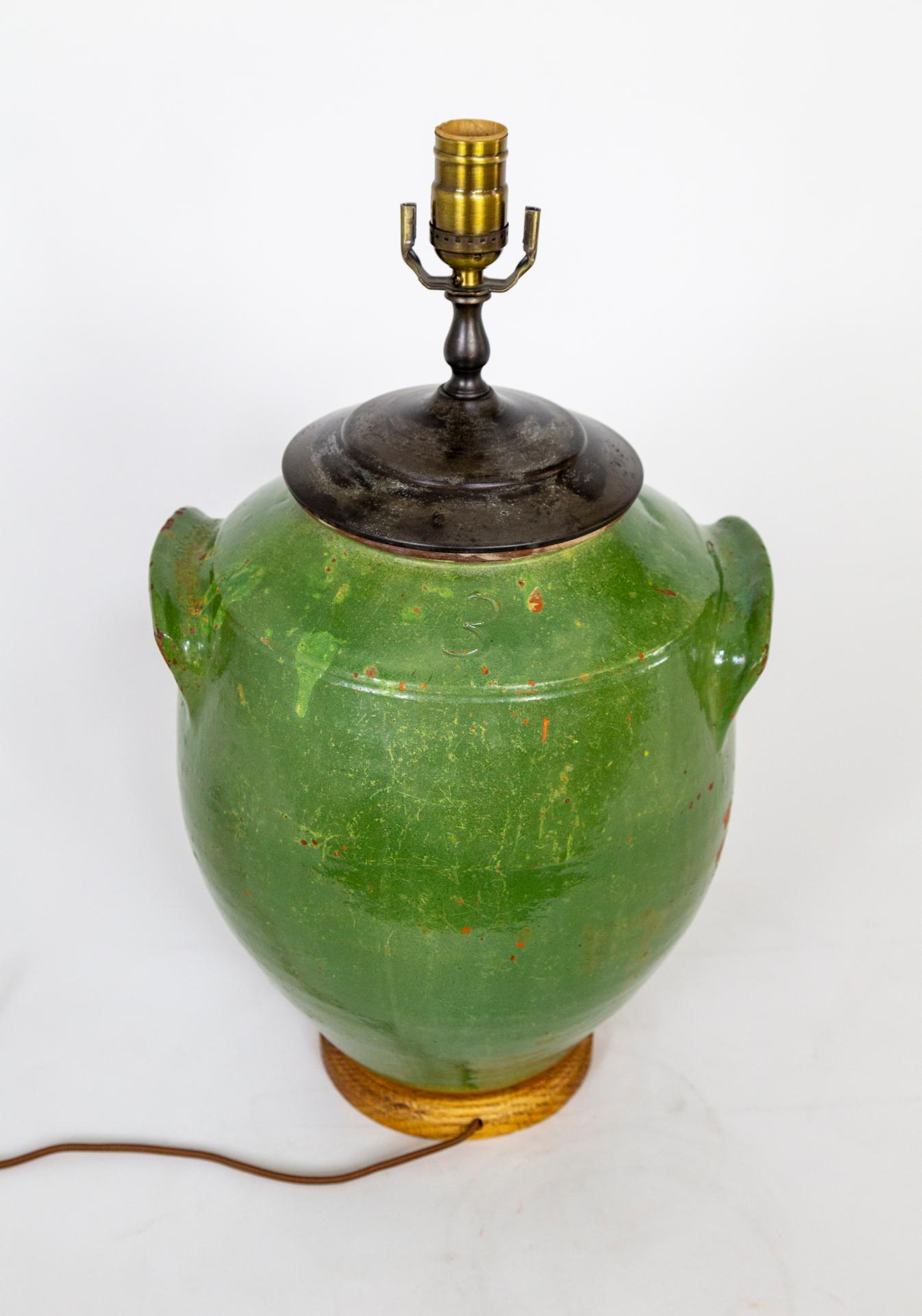 Large French Green Glazed Earthenware Jar Lamp In Good Condition In San Francisco, CA