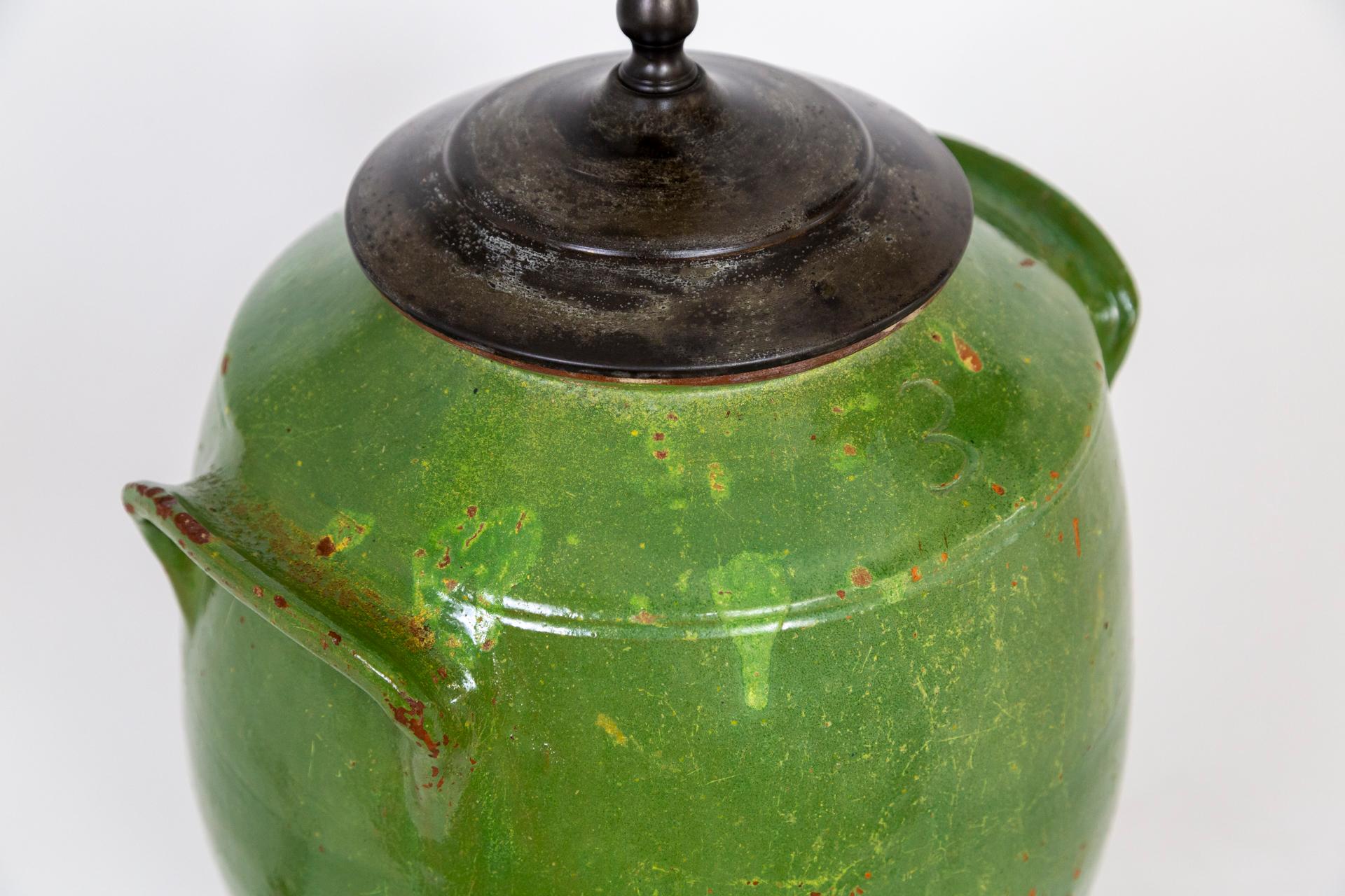 20th Century Large French Green Glazed Earthenware Jar Lamp