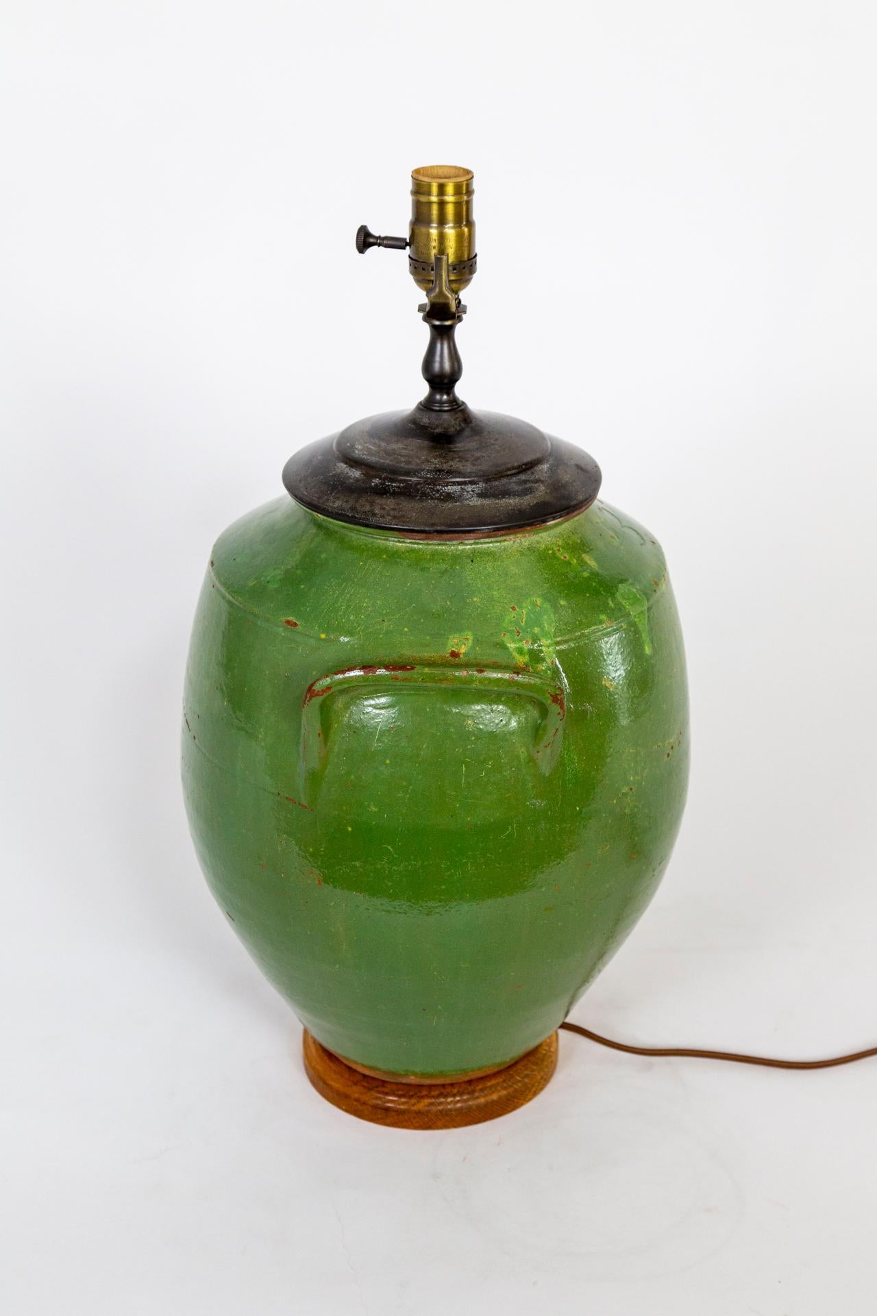 Ceramic Large French Green Glazed Earthenware Jar Lamp