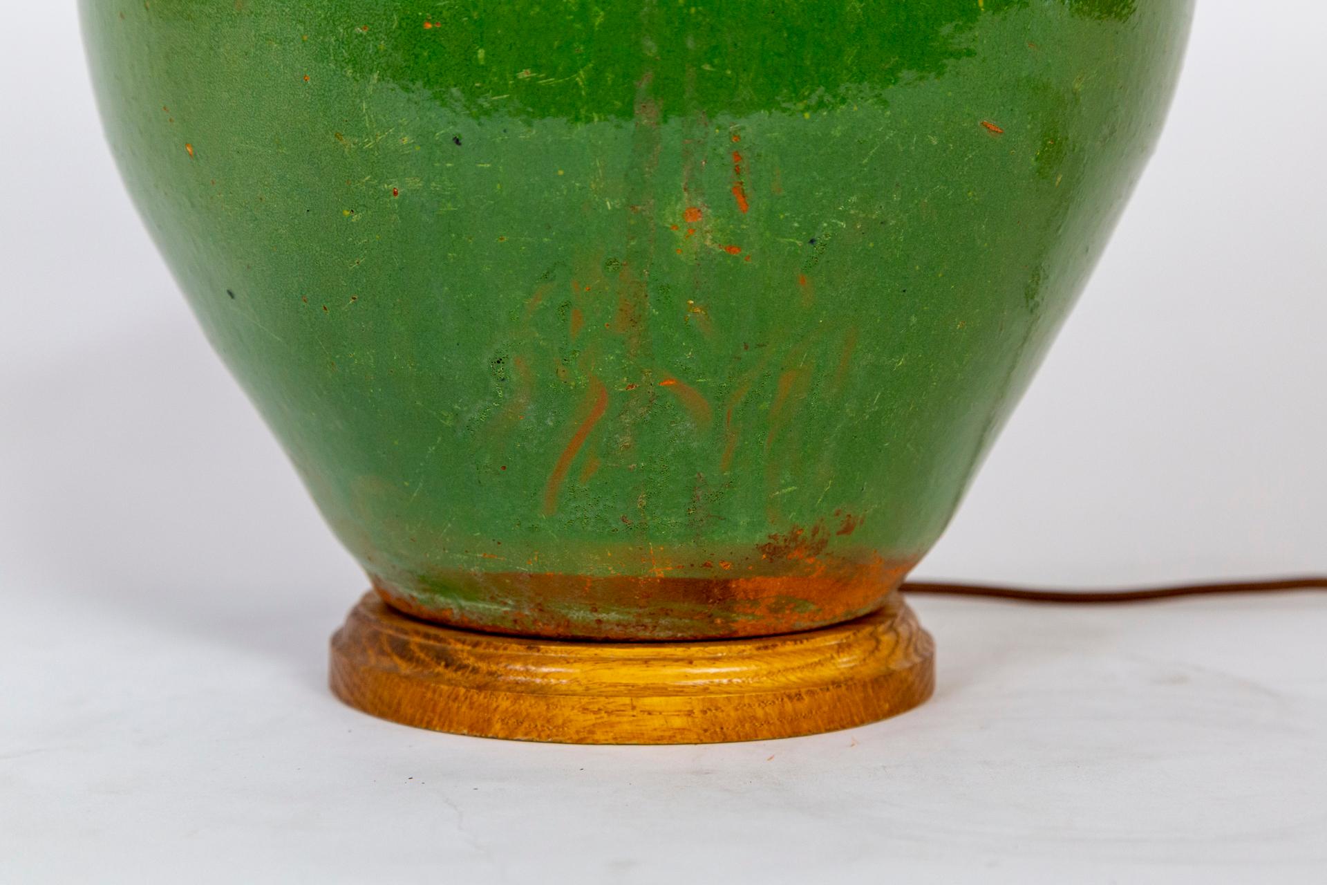 Large French Green Glazed Earthenware Jar Lamp 1