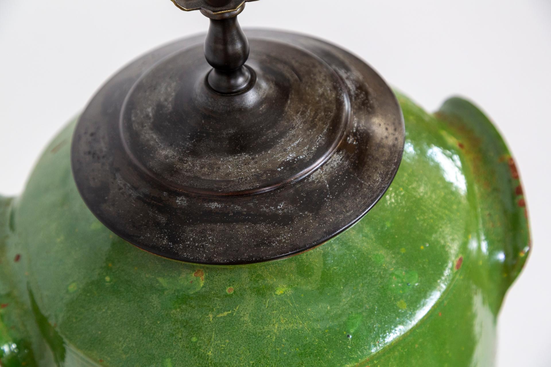 Large French Green Glazed Earthenware Jar Lamp 2