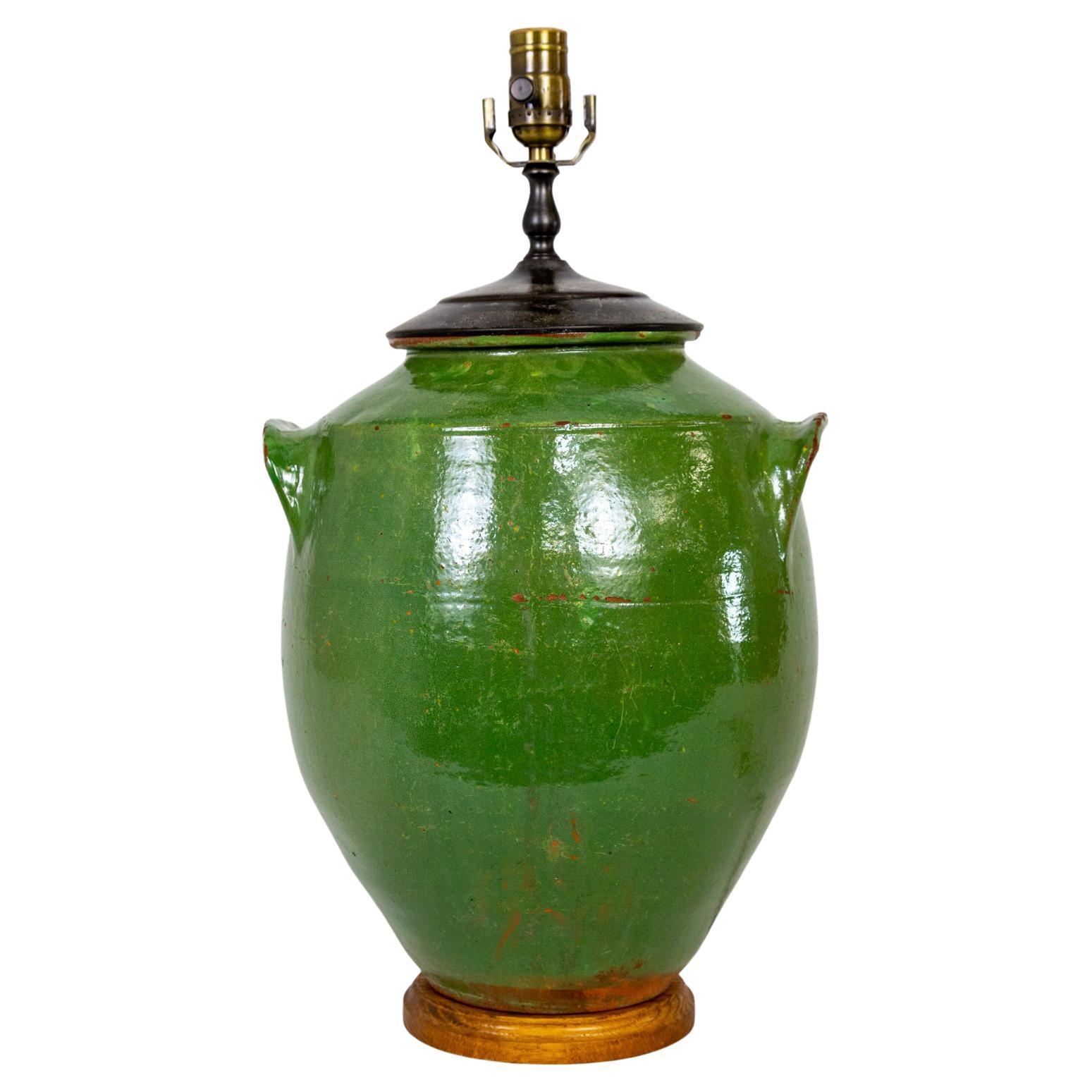 Large French Green Glazed Earthenware Jar Lamp