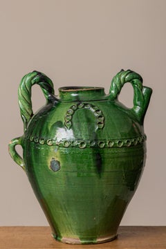 Large French Green Glazed Terracotta Confit Pot with Twisted Handles, 19th Centu