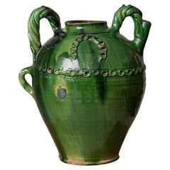 Large French Green Glazed Terracotta Confit Pot with Twisted Handles, 19th Centu