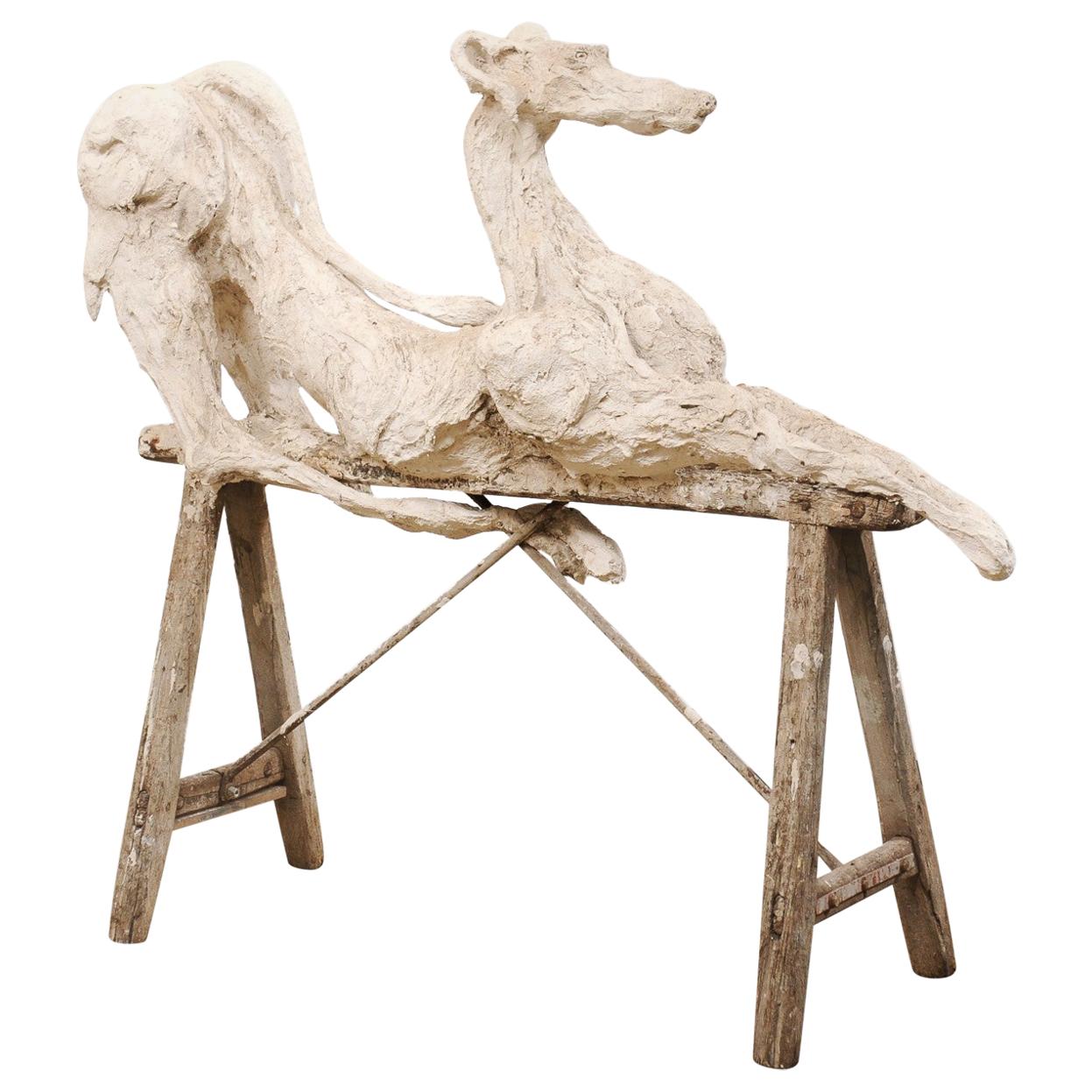 Large French Greyhound Sculpture Poised on Sawhorse Leg Base