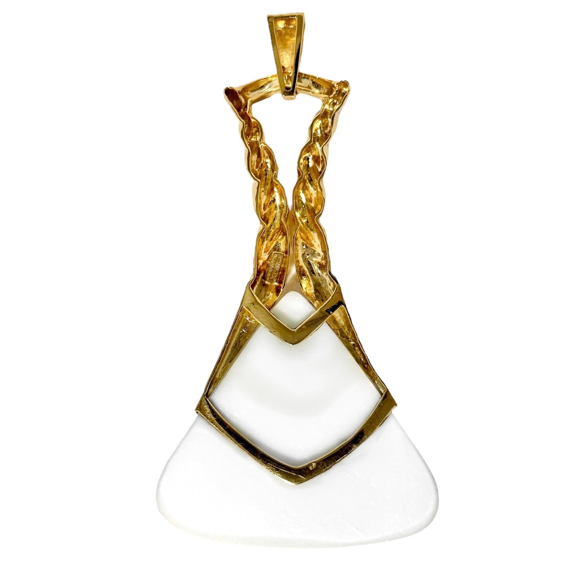 Cabochon Large, French, Hammered Gold and White Onyx Pendant 4 3/8 Inches Long by Wander For Sale