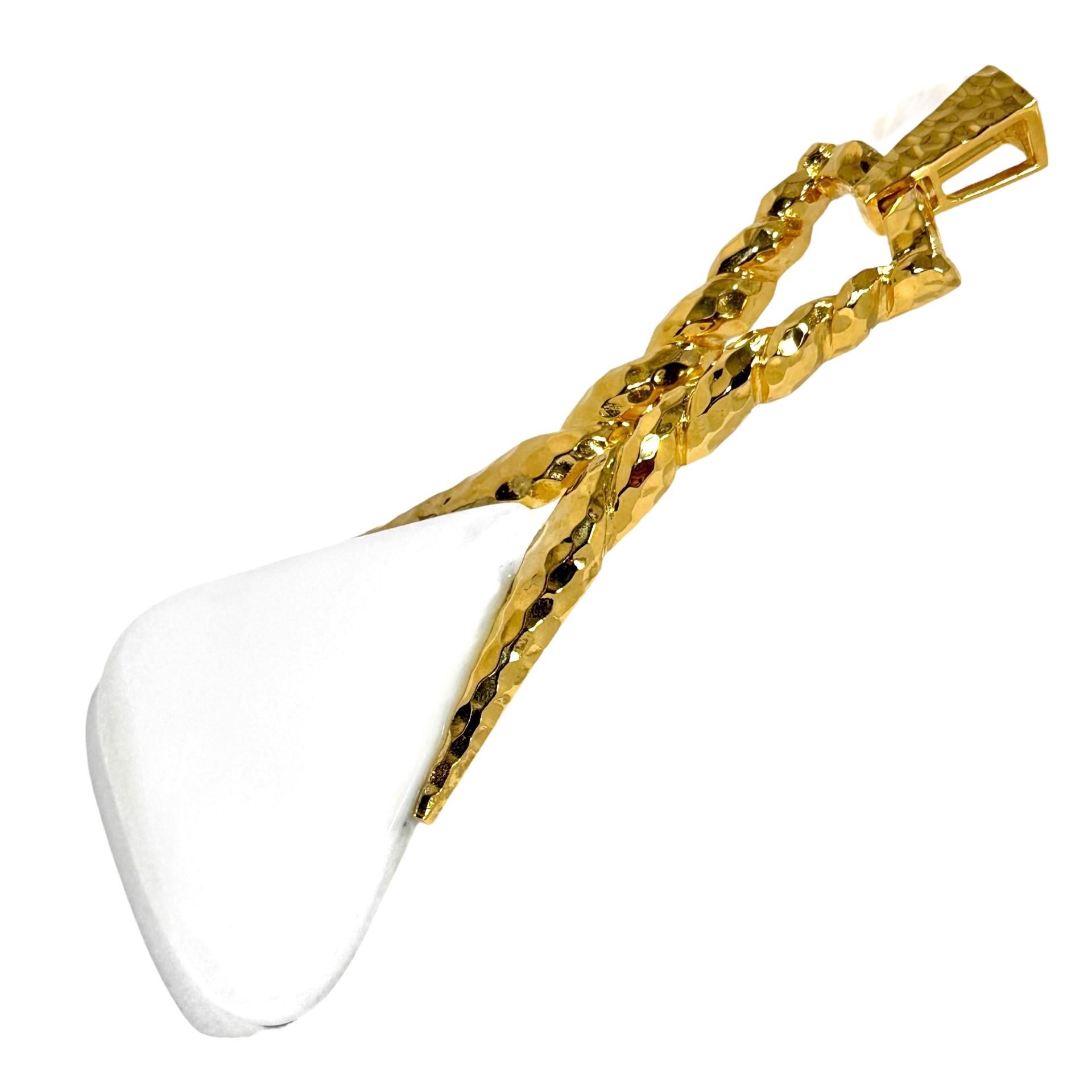 Large, French, Hammered Gold and White Onyx Pendant 4 3/8 Inches Long by Wander In Good Condition For Sale In Palm Beach, FL