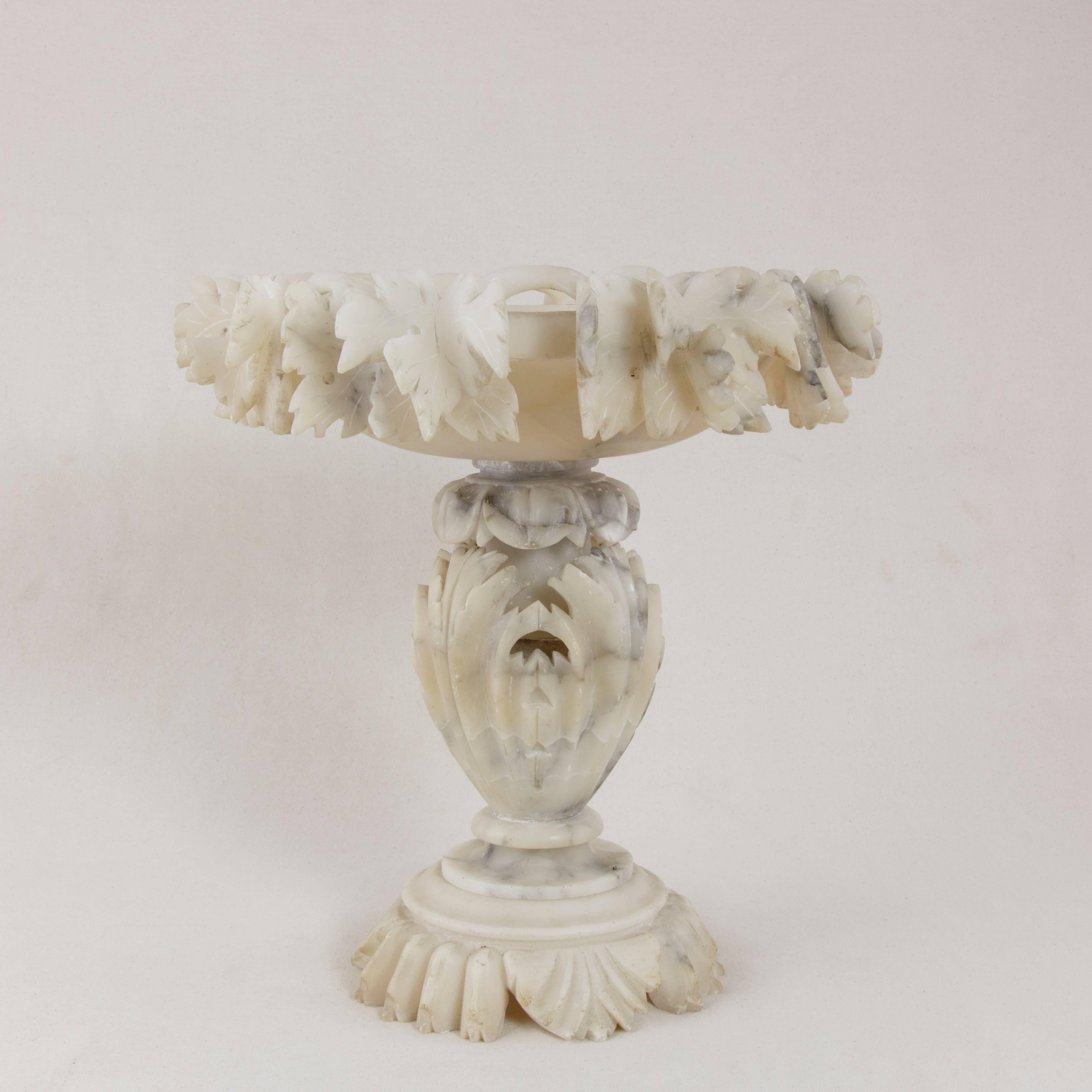 Large French Hand-Carved Alabaster Compote Bowl, Dish with Grape Leaves In Good Condition In Fayetteville, AR