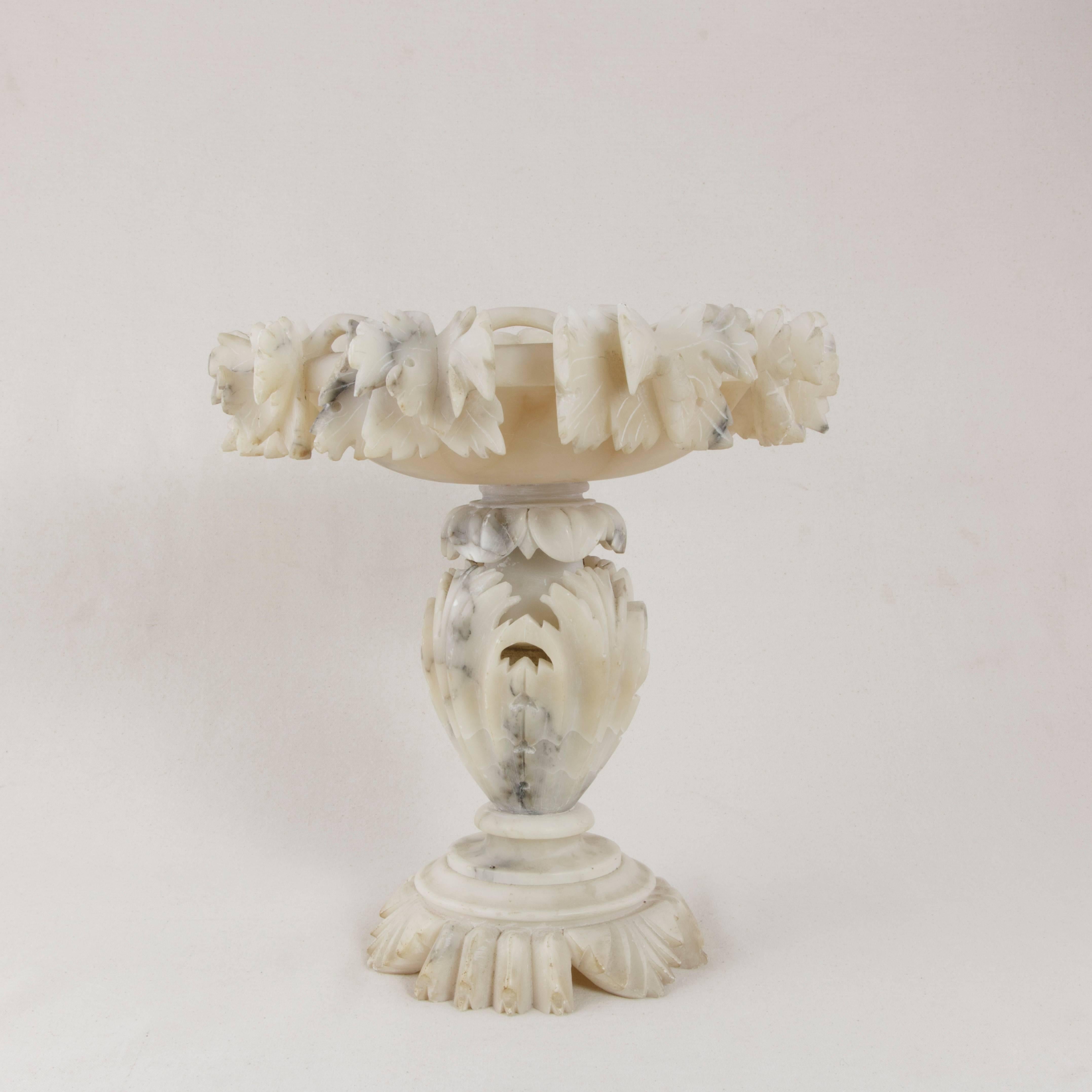 Early 20th Century Large French Hand-Carved Alabaster Compote Bowl, Dish with Grape Leaves