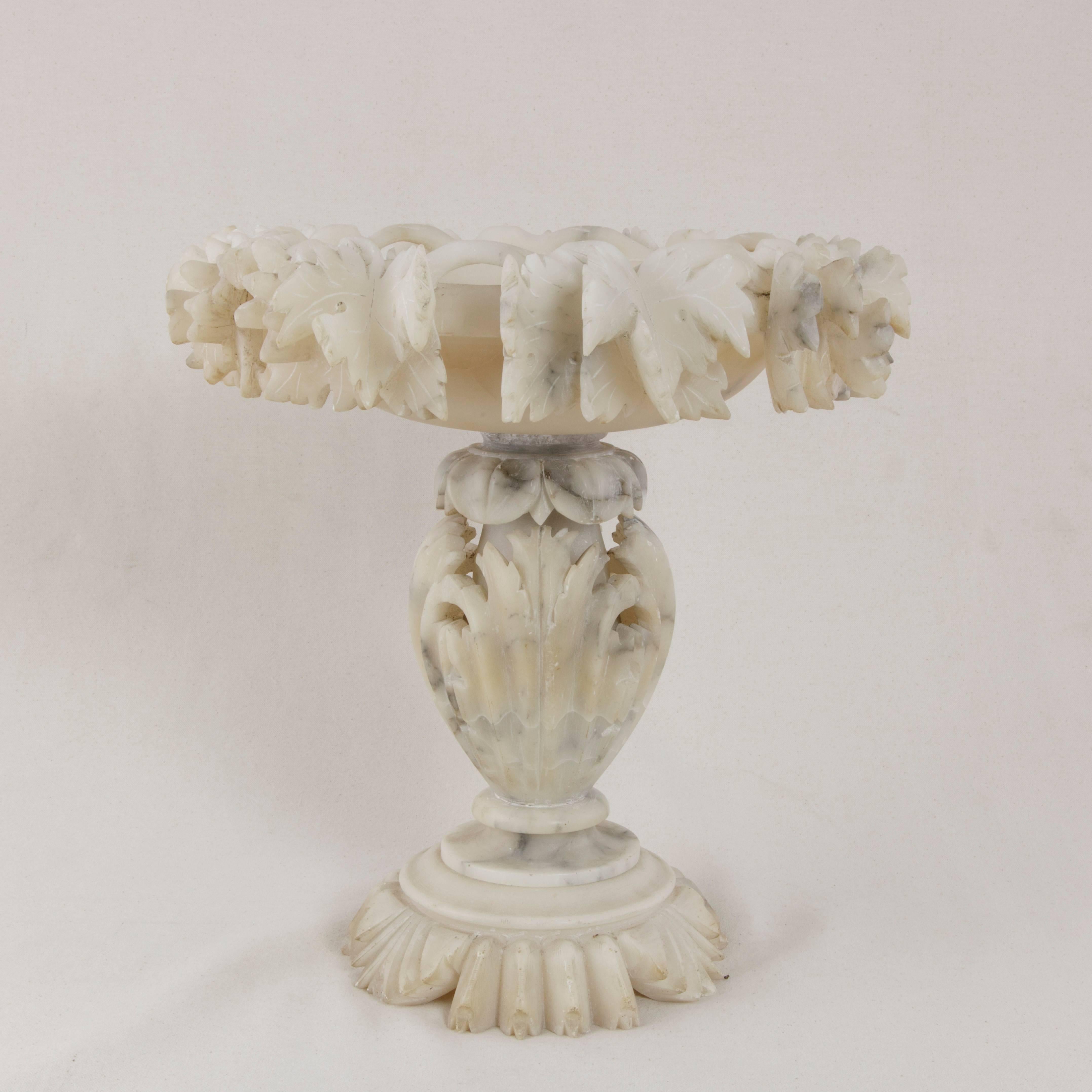 Large French Hand-Carved Alabaster Compote Bowl, Dish with Grape Leaves 3