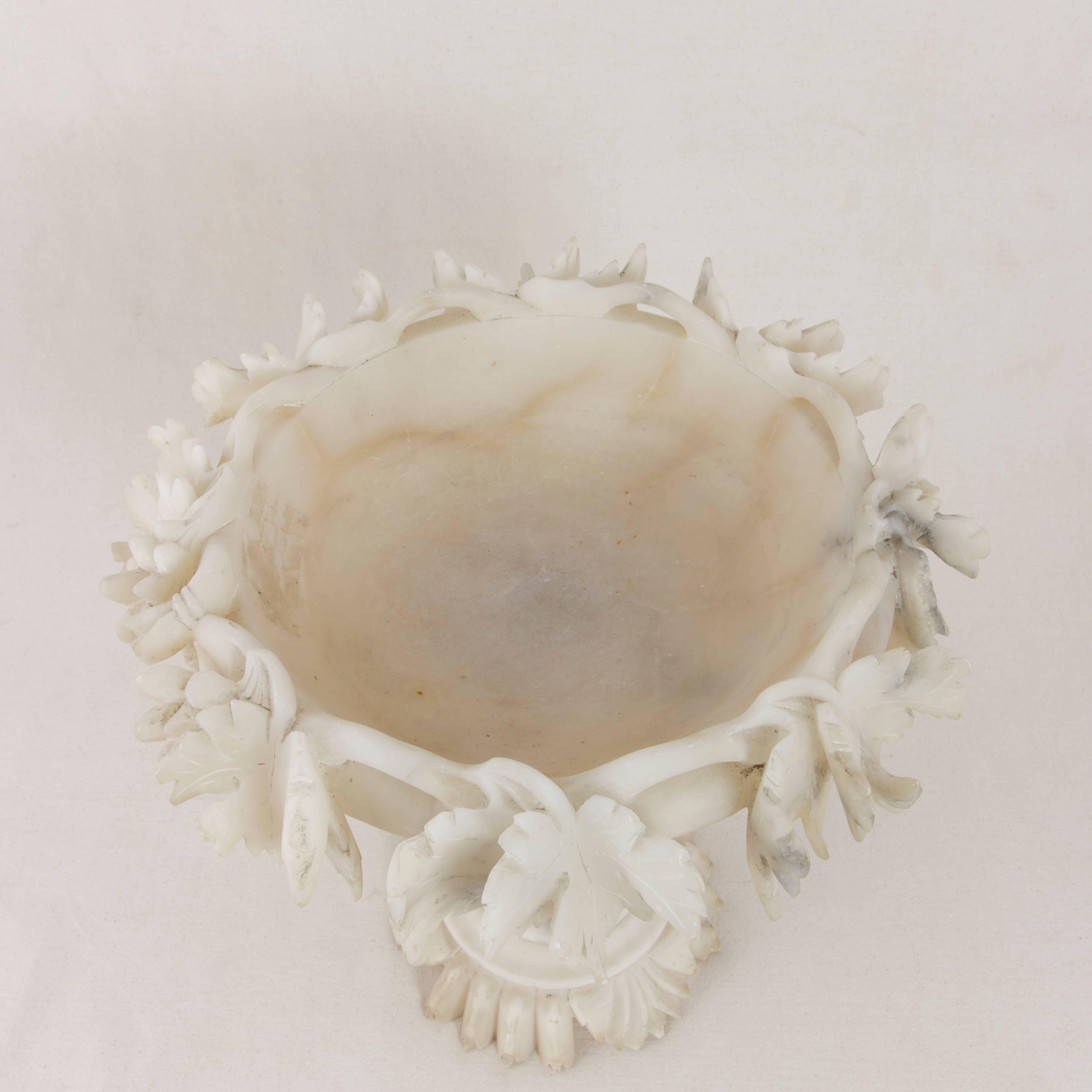 Large French Hand-Carved Alabaster Compote Bowl, Dish with Grape Leaves 4