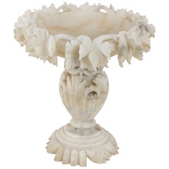 Large French Hand-Carved Alabaster Compote Bowl, Dish with Grape Leaves