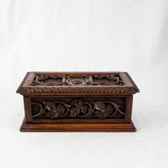 Large French Hand Carved Walnut Box with Olive Branches and Grape Vines