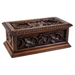 Antique Large French Hand Carved Walnut Box with Olive Branches and Grape Vines