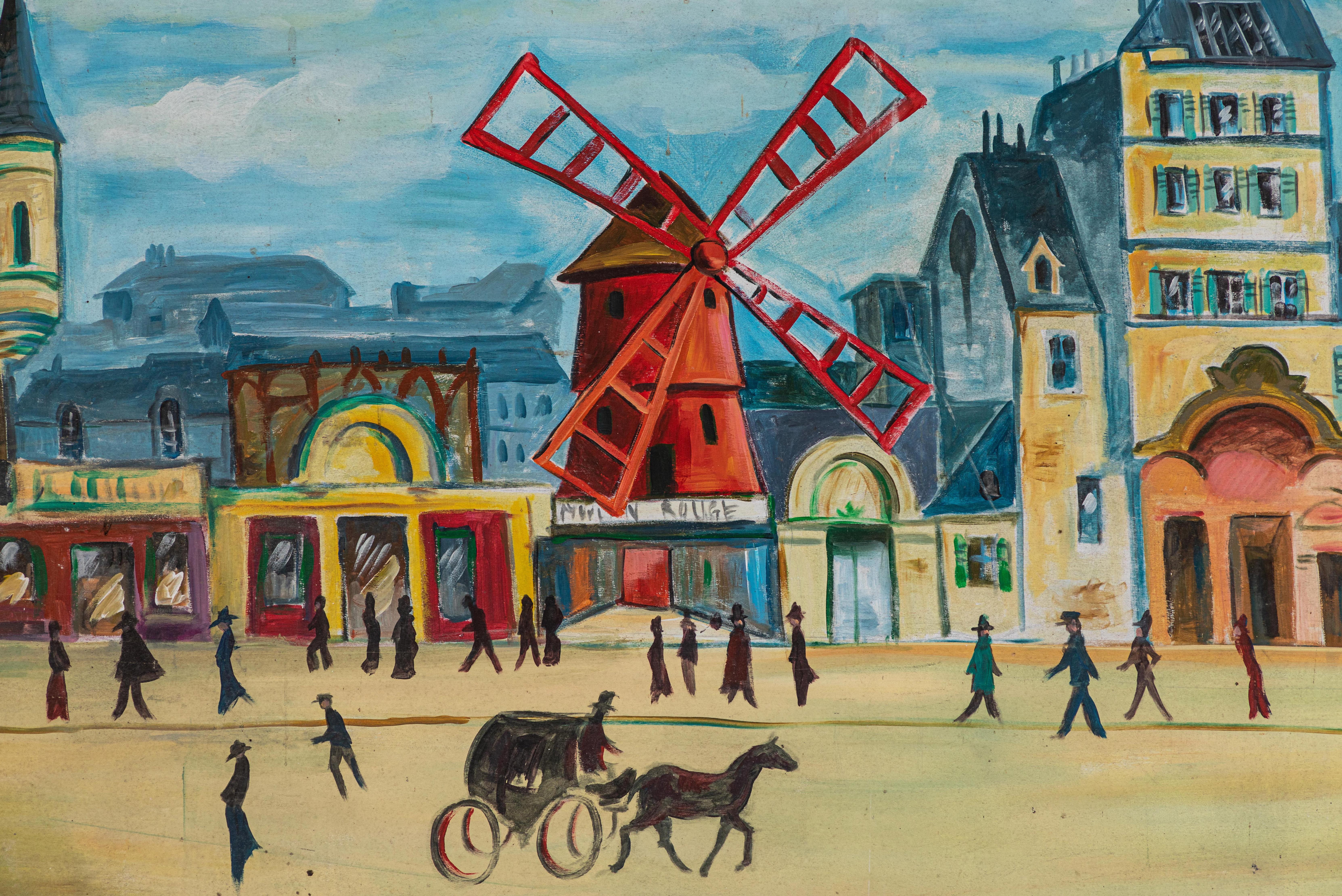 Large French hand painted Trompe-l'oeil of the Moulin rouge from the 19th century.