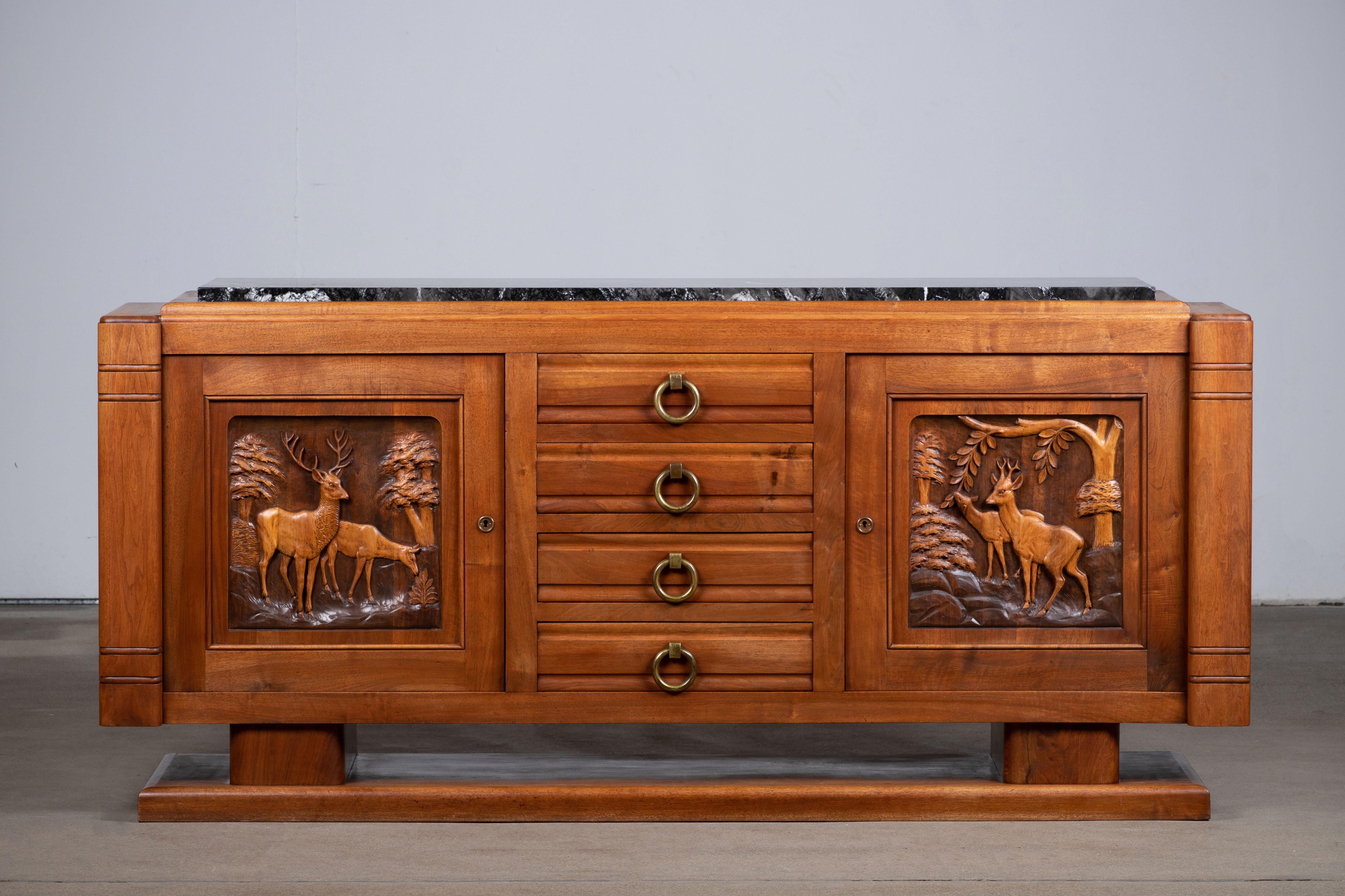 Brutalist Large French Handcarved Oak Art Deco Sideboard, France, C1940s For Sale