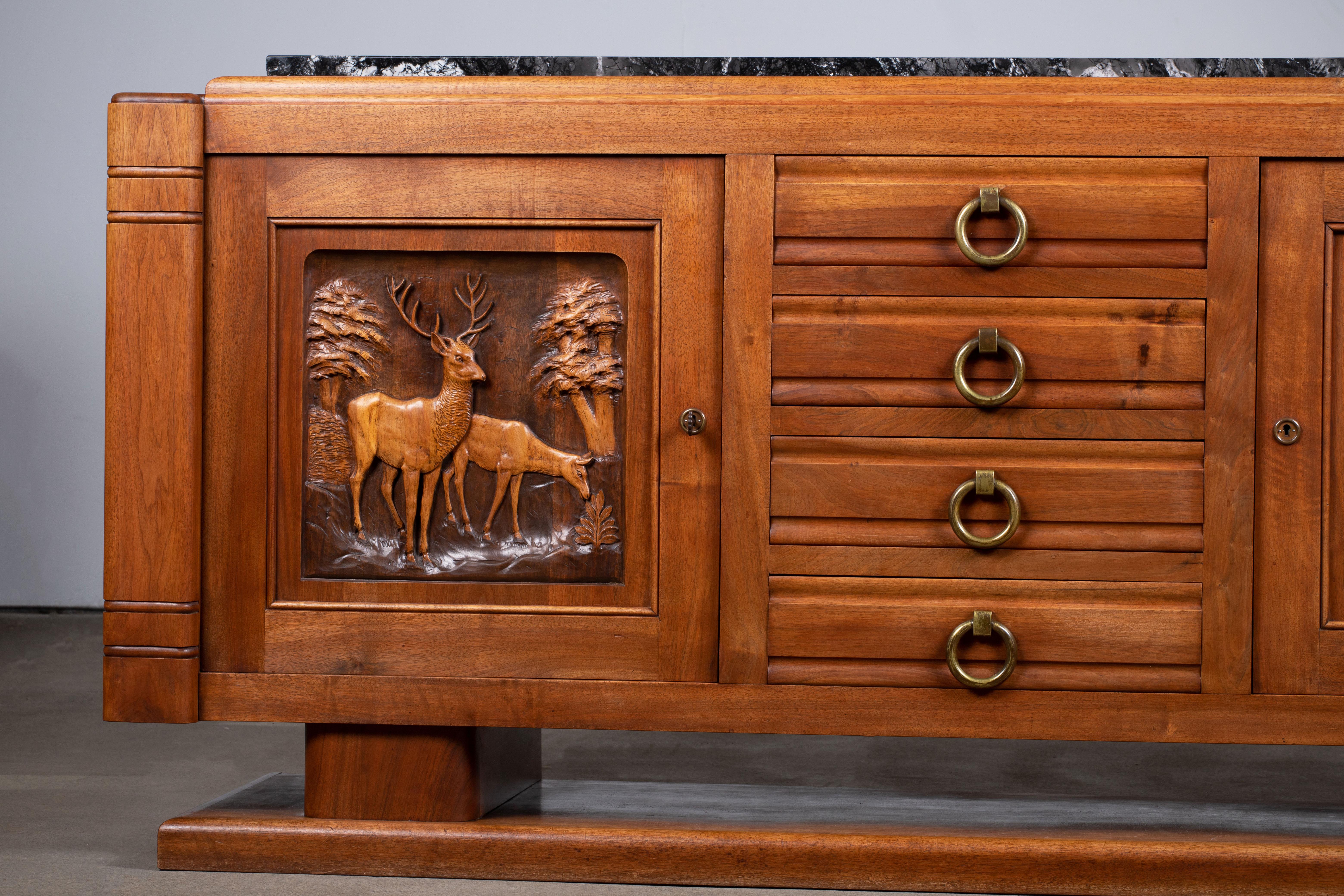 Large French Handcarved Oak Art Deco Sideboard, France, C1940s In Good Condition For Sale In Wiesbaden, DE