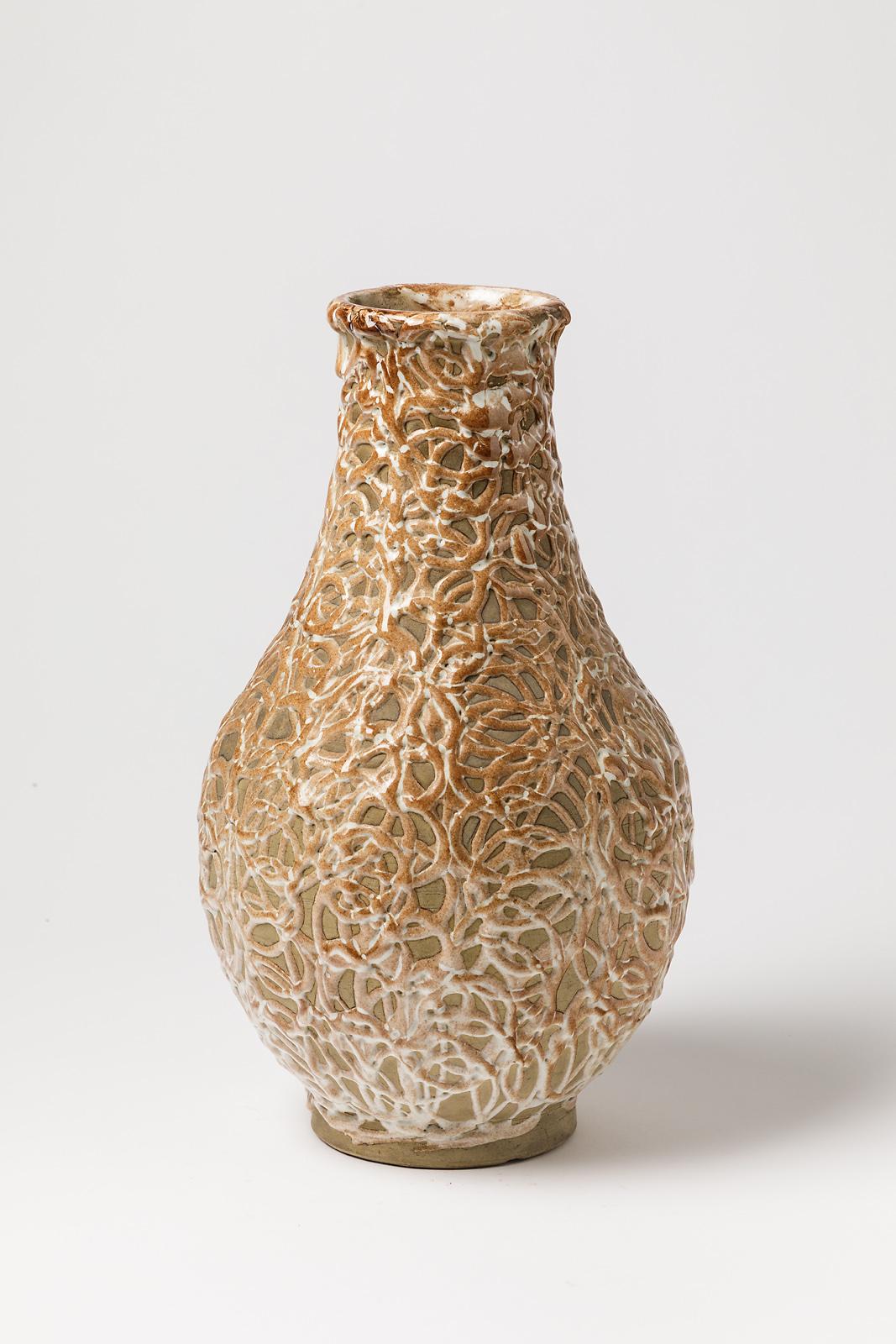 Mid-Century Modern Large French Handmade Art Deco Ceramic Vase Style of Gete or Besnard For Sale