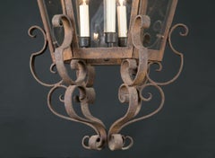 Large French Hexagonal Wrought Iron Hanging Lantern, 19th Century
