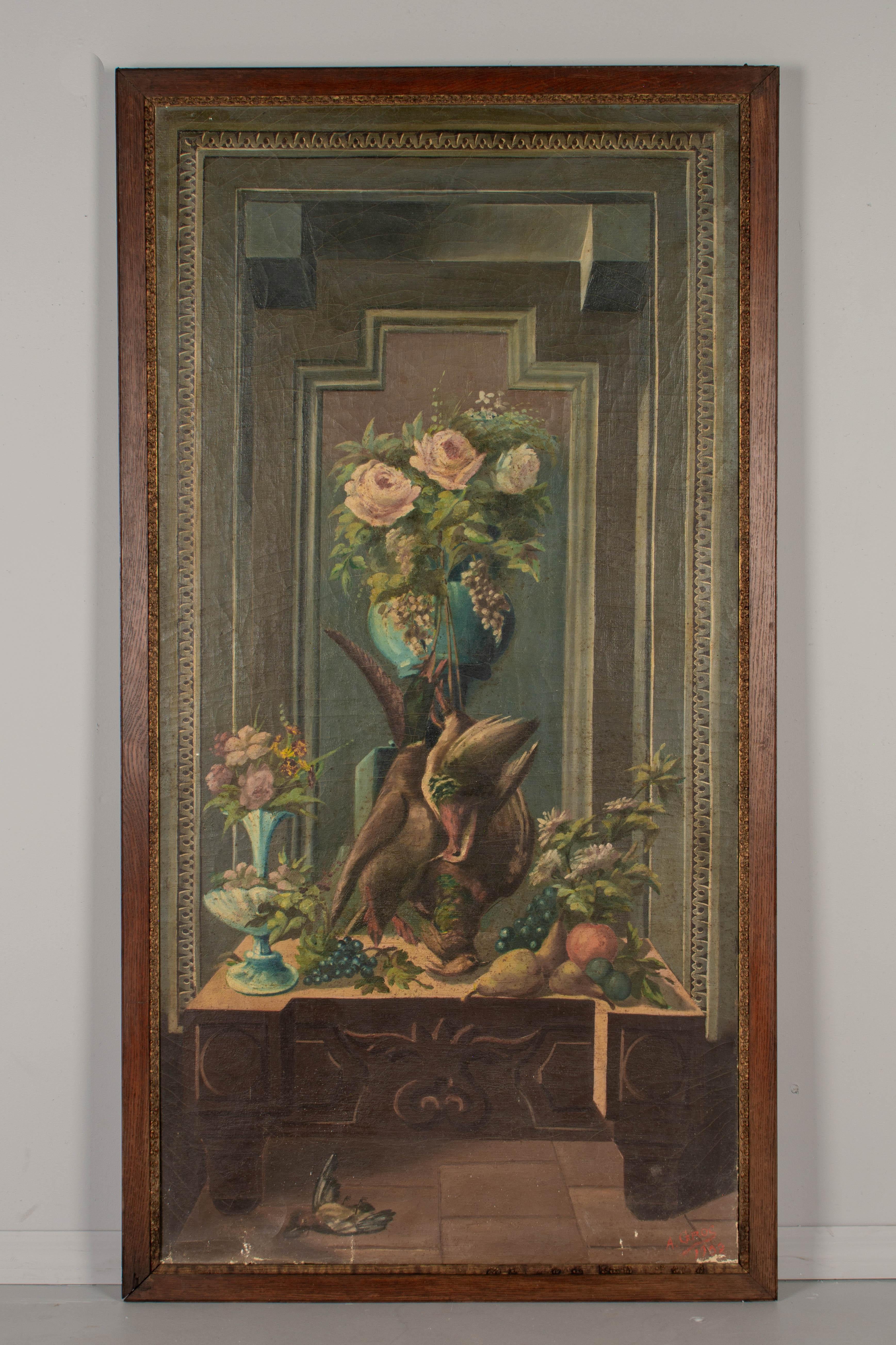A set of four large scale French School still life paintings, each with a game animal: rabbit, pheasant, deer and rooster centered in a trompe l'oiel architectural niche surrounded by fruits and flowers, two with large blue garden urns. These are