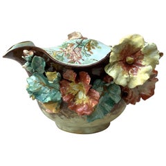 Large French Impressionist Majolica Jardinière with Hollyhocks, circa 1880