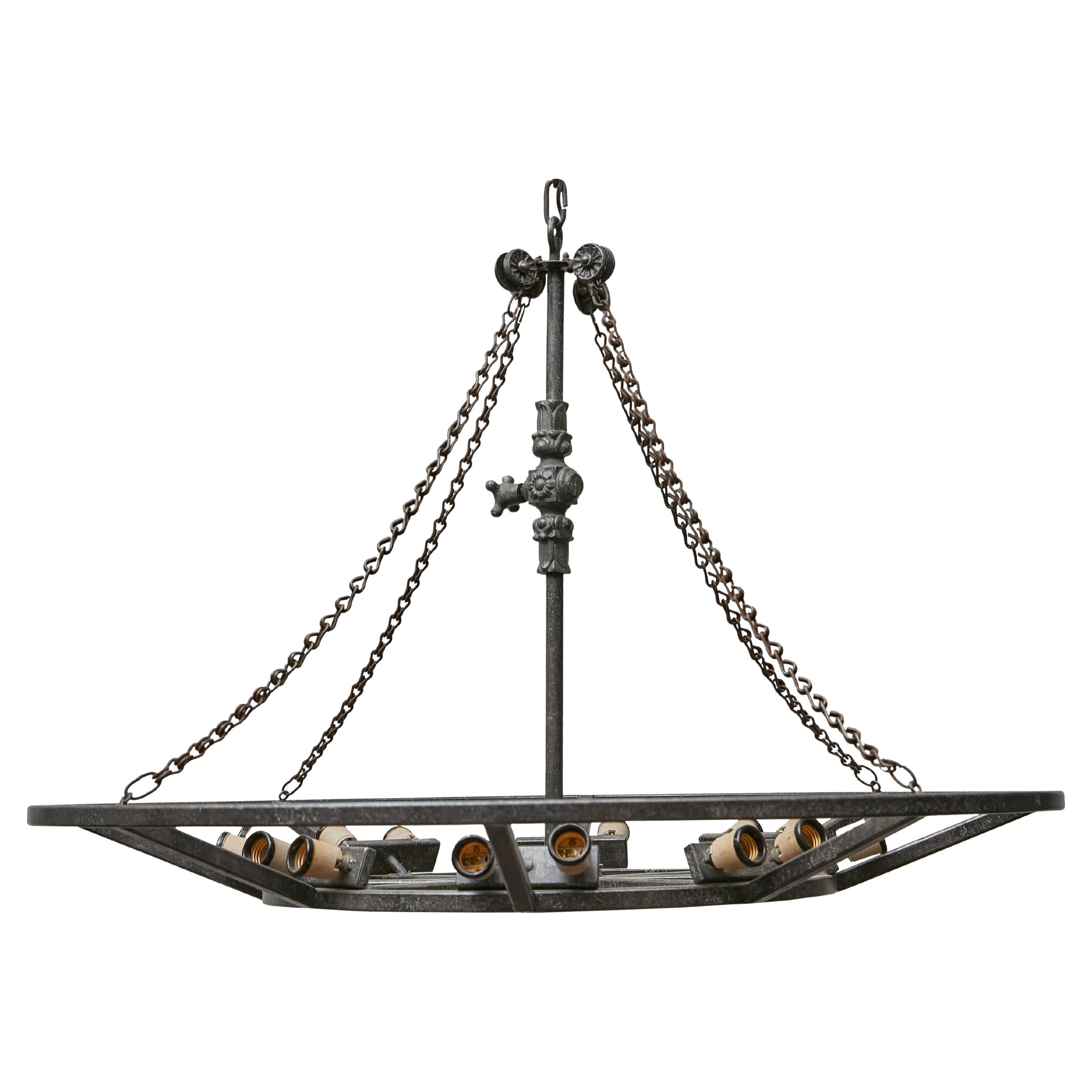 Large French Industrial Iron Chandelier with 12 Lights, circa 1920 - US wired