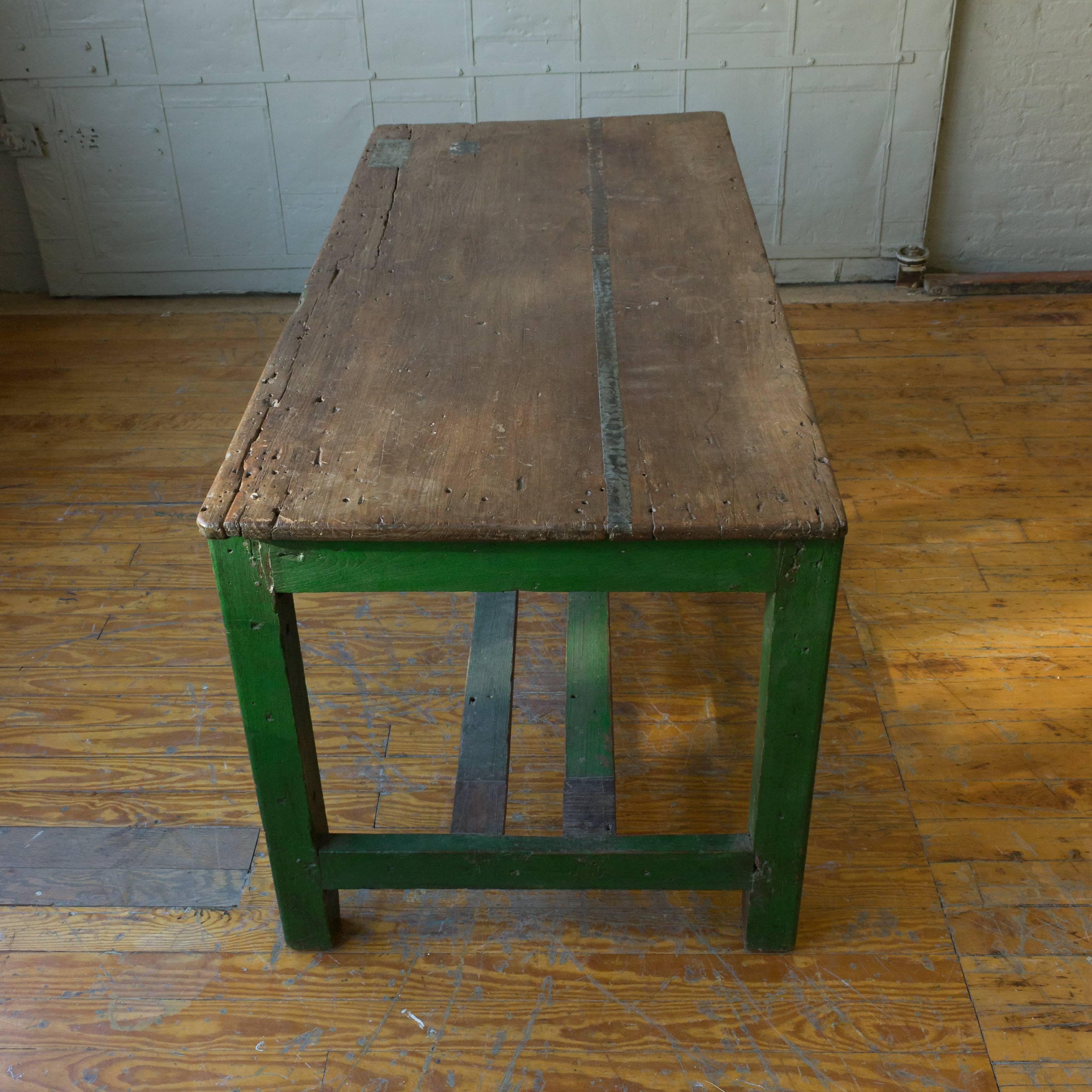 20th Century Large French Industrial Wooden Table with Painted Green Base For Sale