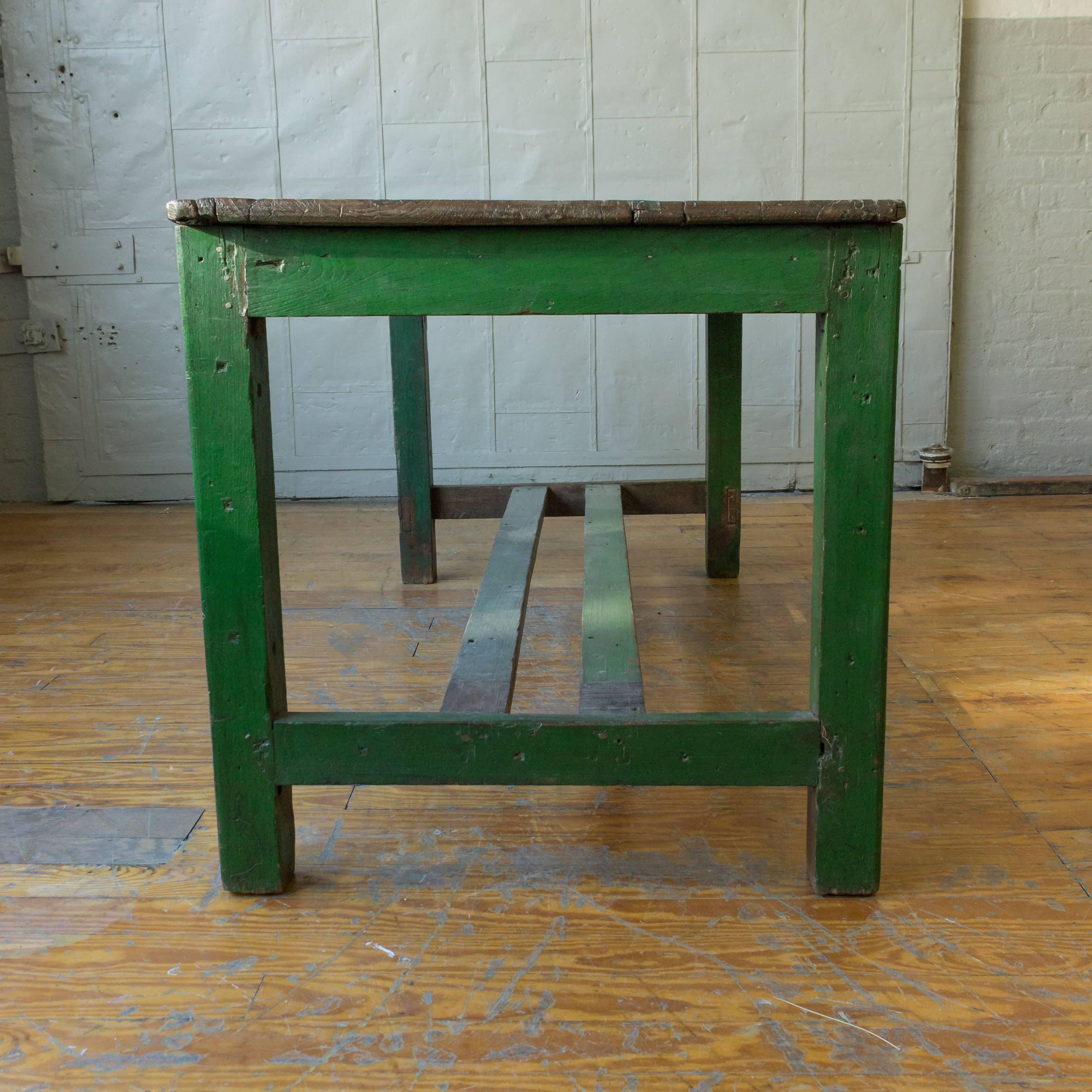 Large French Industrial Wooden Table with Painted Green Base In Good Condition For Sale In Buchanan, NY