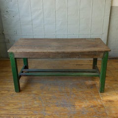 Large French Industrial Wooden Table with Painted Green Base