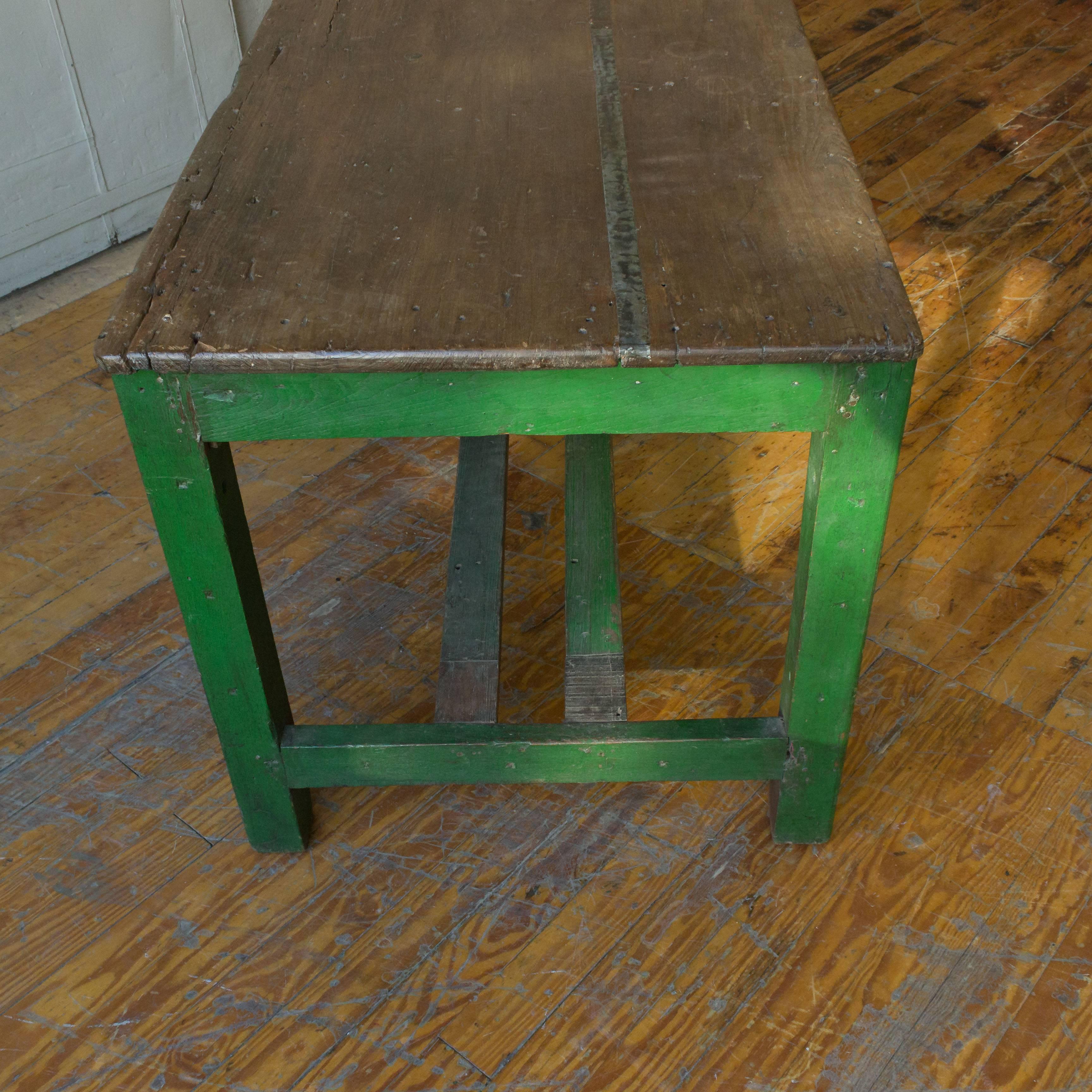 Large French Industrial Wooden Table with Painted Green Base For Sale 2