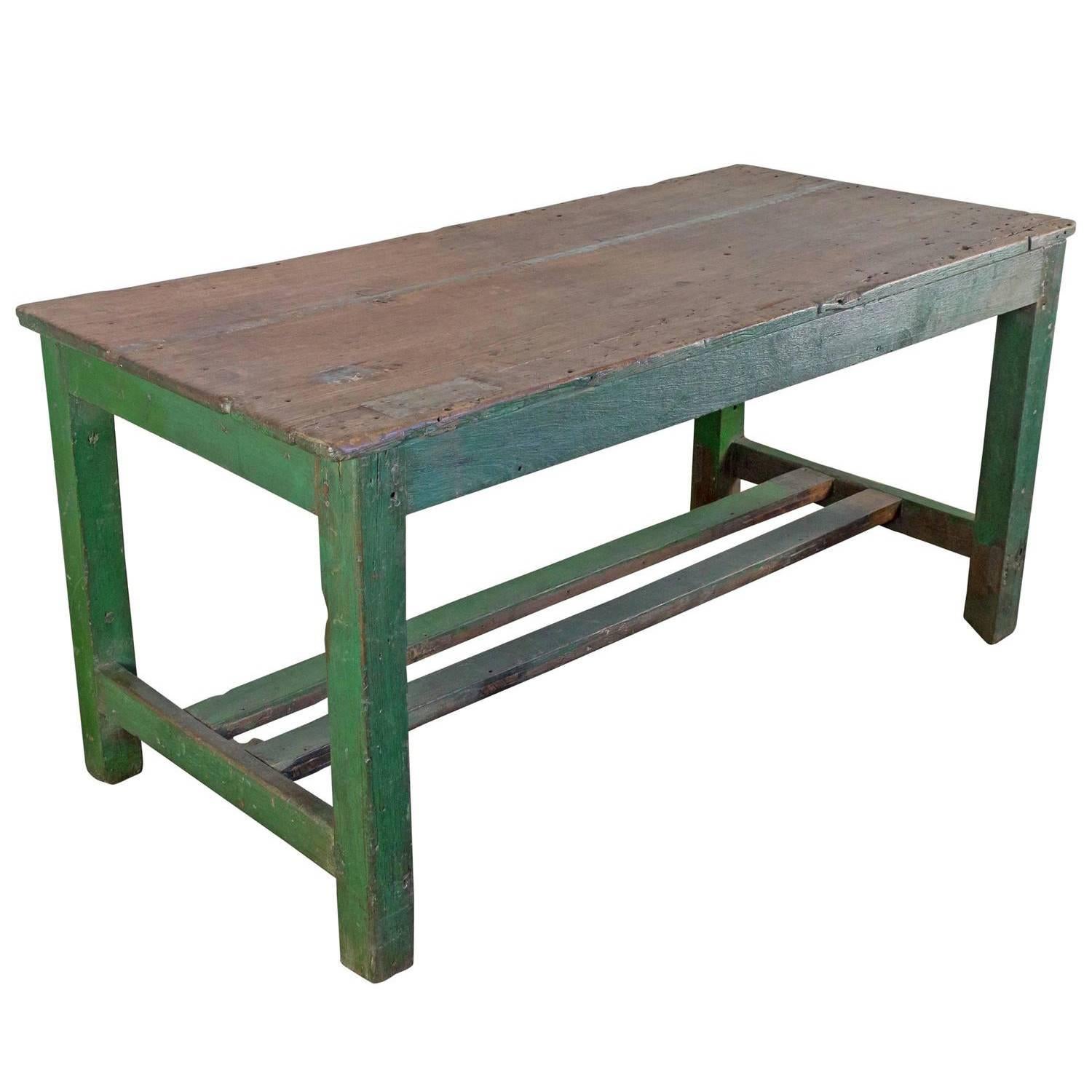 Large French Industrial Wooden Table with Painted Green Base