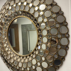 Large French Iron Bubble Mirror with Convex Silhouette and Multi-Mirror Frame