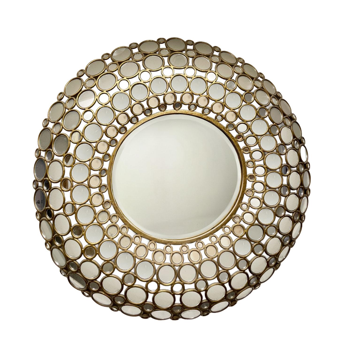 Large French Iron Bubble Mirror with Convex Silhouette and Multi-Mirror Frame