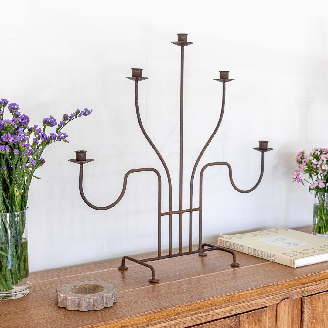 20th Century Large French Iron Five-Arm Candelabra 