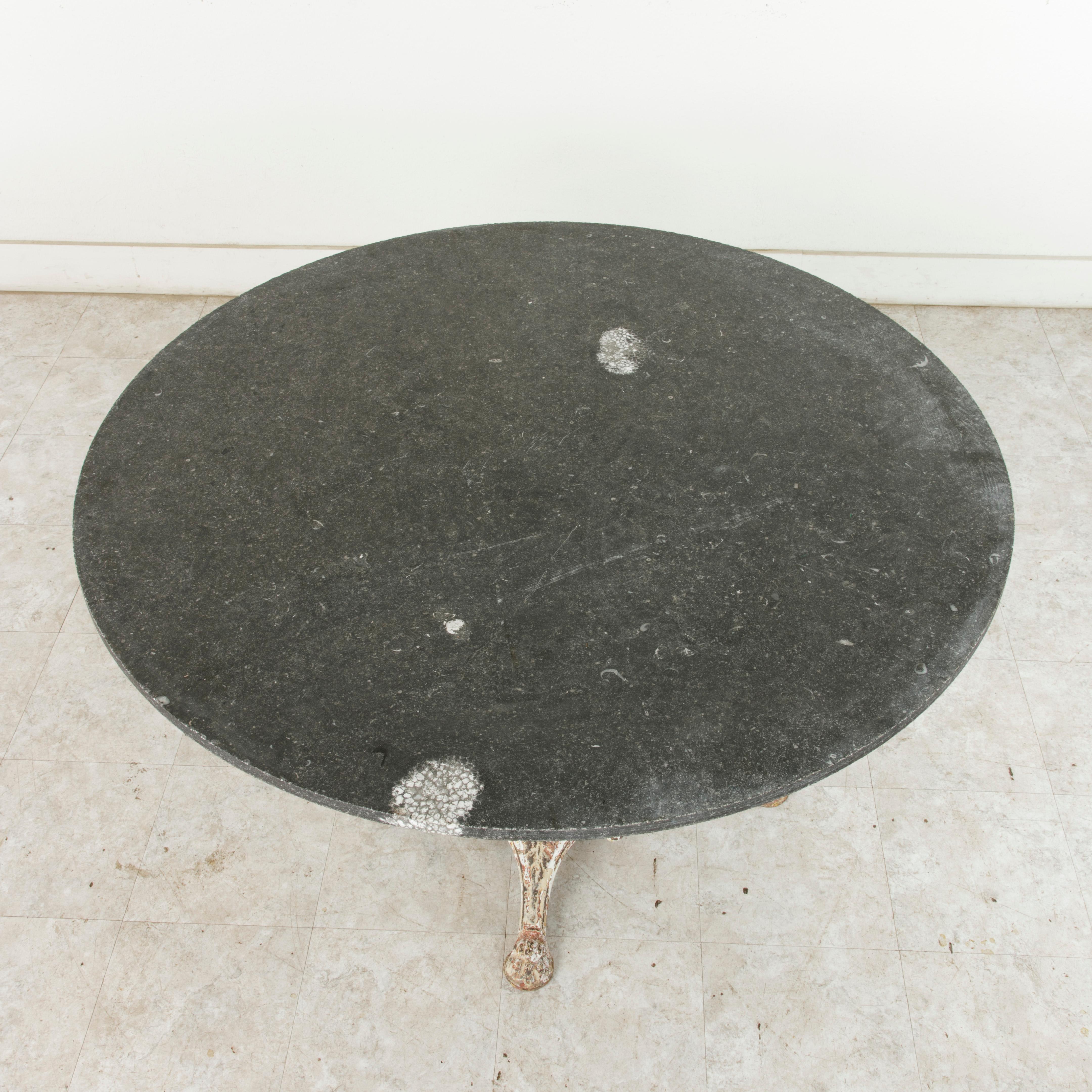 Large French Iron Garden Table with 49 Inch Diameter Blue Stone Top, circa 1900 1