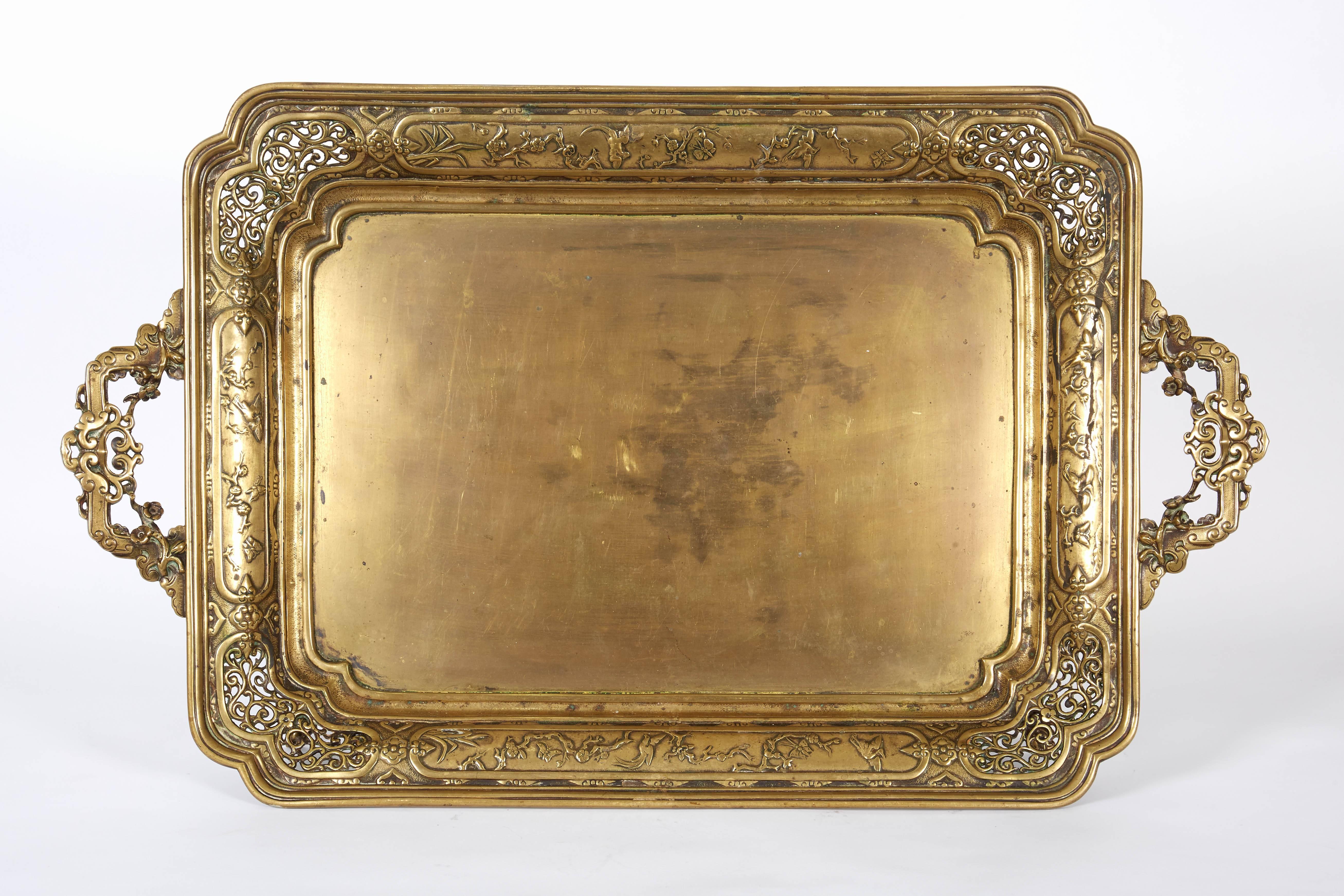 Large French Japonisme Bronze Two Handle Tray, 19th Century, Badham Pile Co In Good Condition In New York, NY
