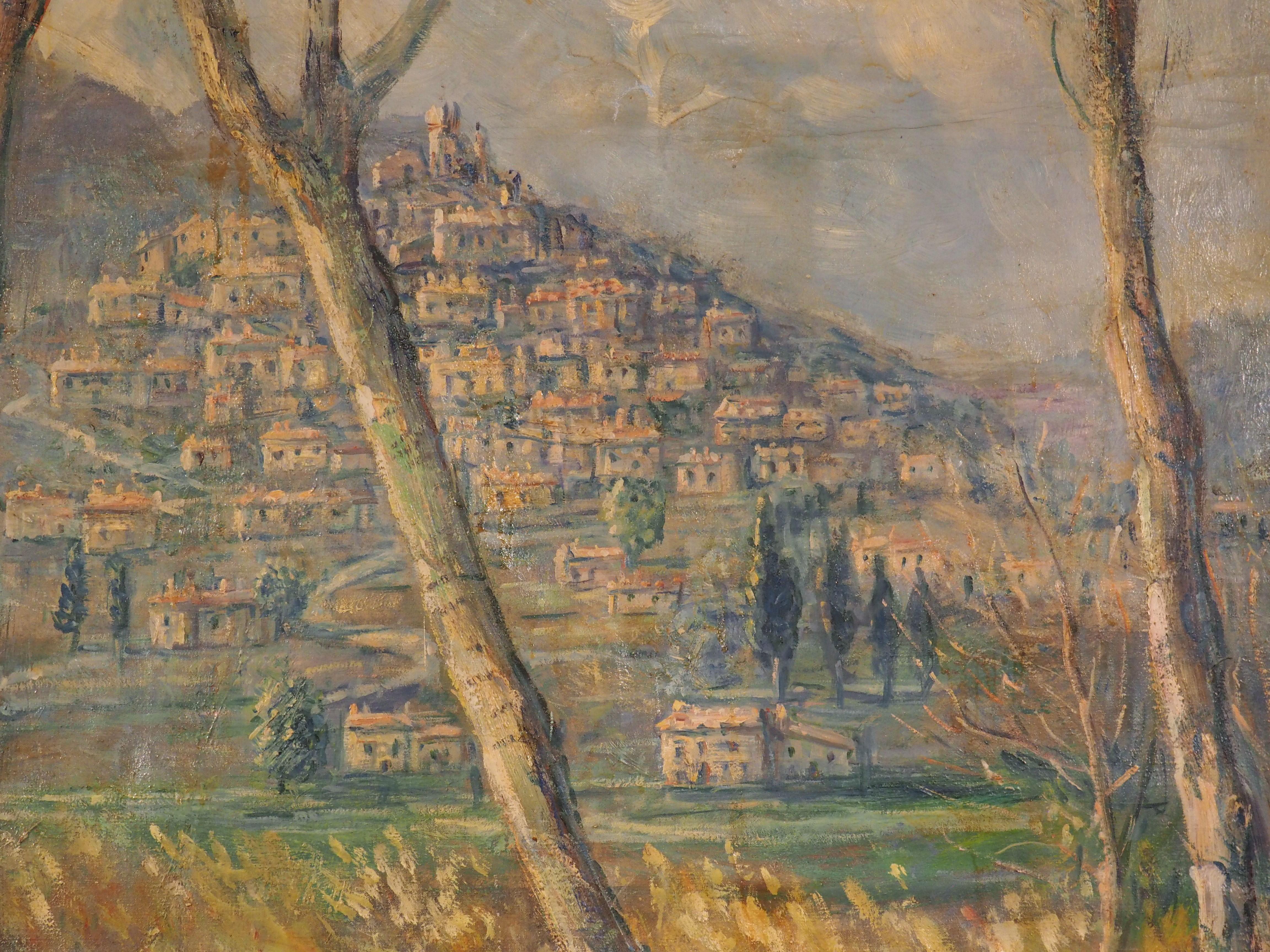 Large French Landscape Painting of a Hunter and Hillside Village, Dated 1962 For Sale 5