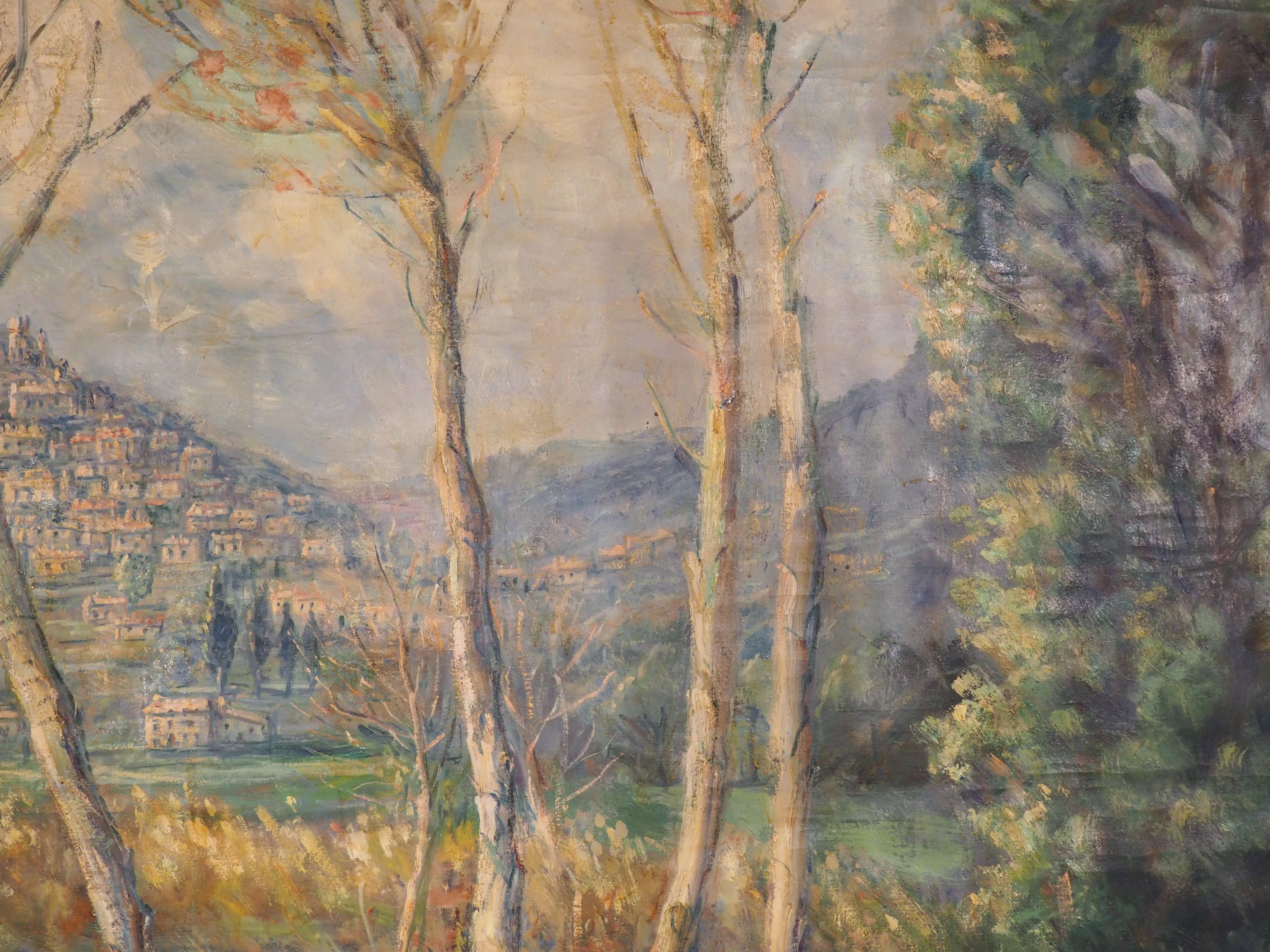 Large French Landscape Painting of a Hunter and Hillside Village, Dated 1962 For Sale 8