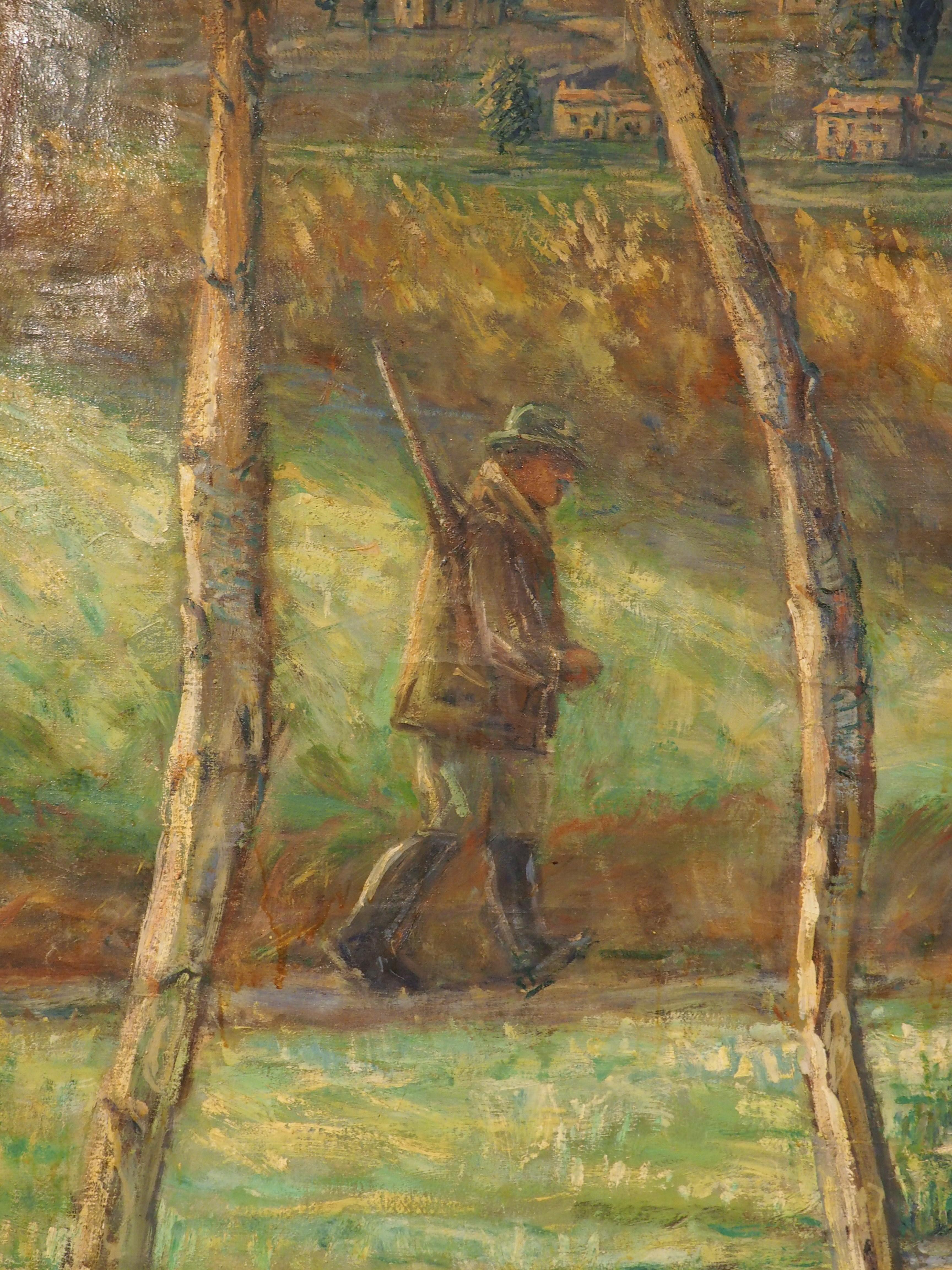Large French Landscape Painting of a Hunter and Hillside Village, Dated 1962 For Sale 10