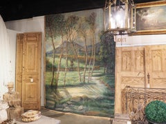 Large French Landscape Painting of a Hunter and Hillside Village, Dated 1962