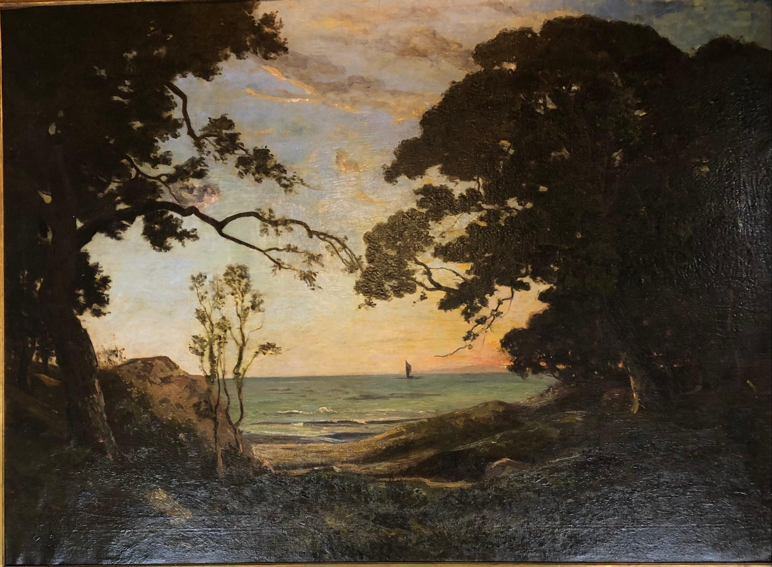 A fine original seascape painting in its original hand carved gilt wood frame.
This large work of art is painted on canvas and has recently been cleaned to display its delightful details, circa 1890.  

Signed, ALFRED COUTURAUD
Alfred Couturaud,