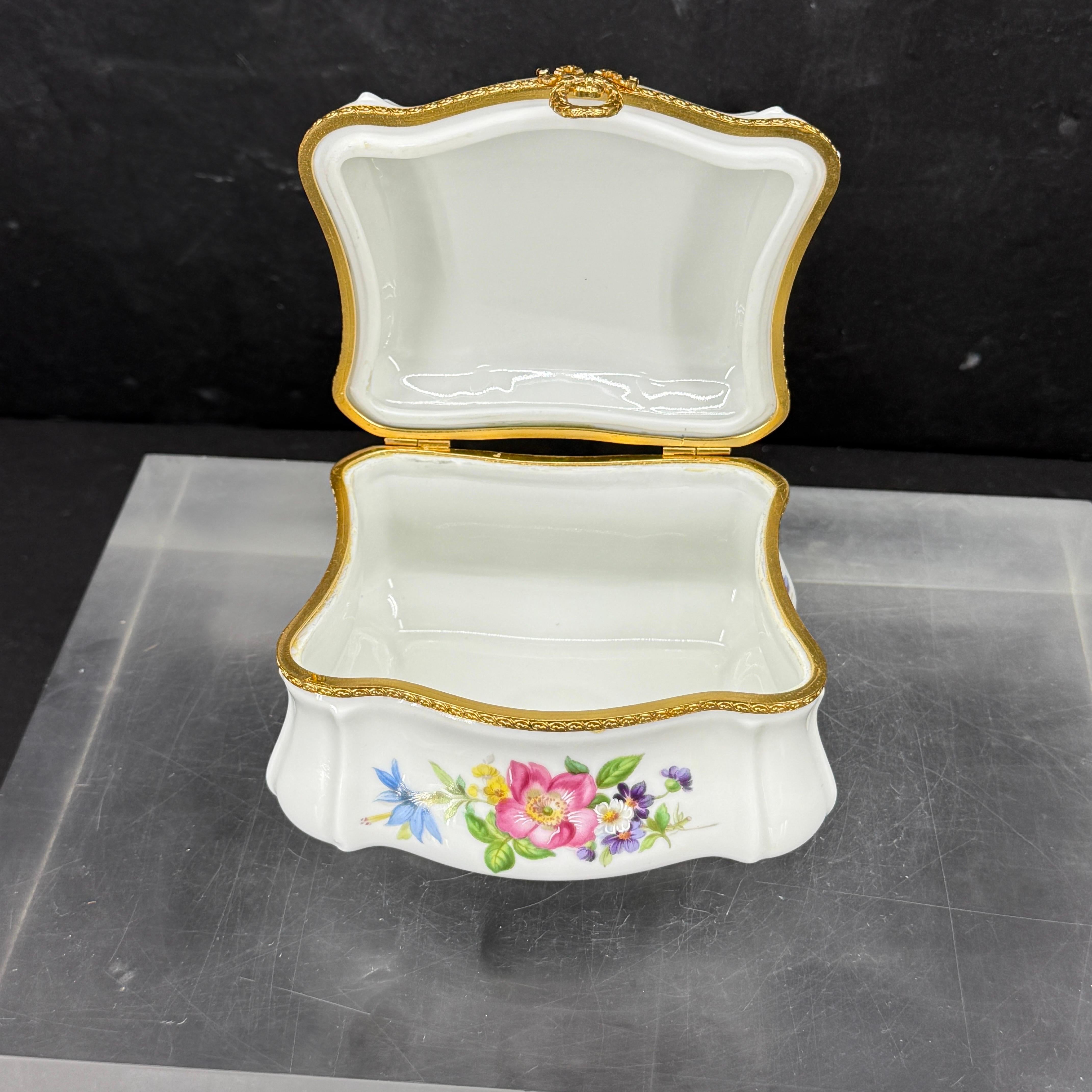 Brass Large French Limoges Porcelain Rectangular Floral Box For Sale