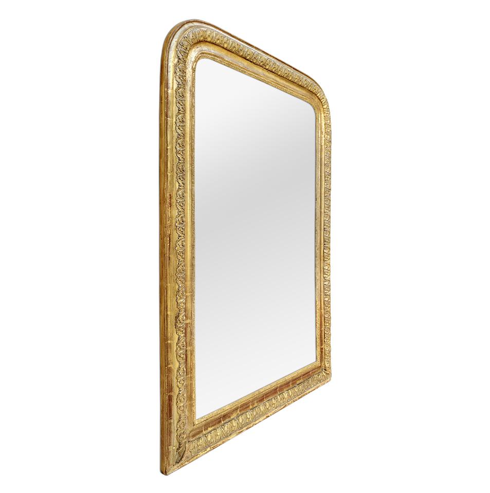 Large French mirror period Louis-Philippe (1830-1848). Fireplace mirror, original gilding with ornament acanthus leaves. Modern glass mirror. Antique frame width: 11 cm. / 4.33 in.