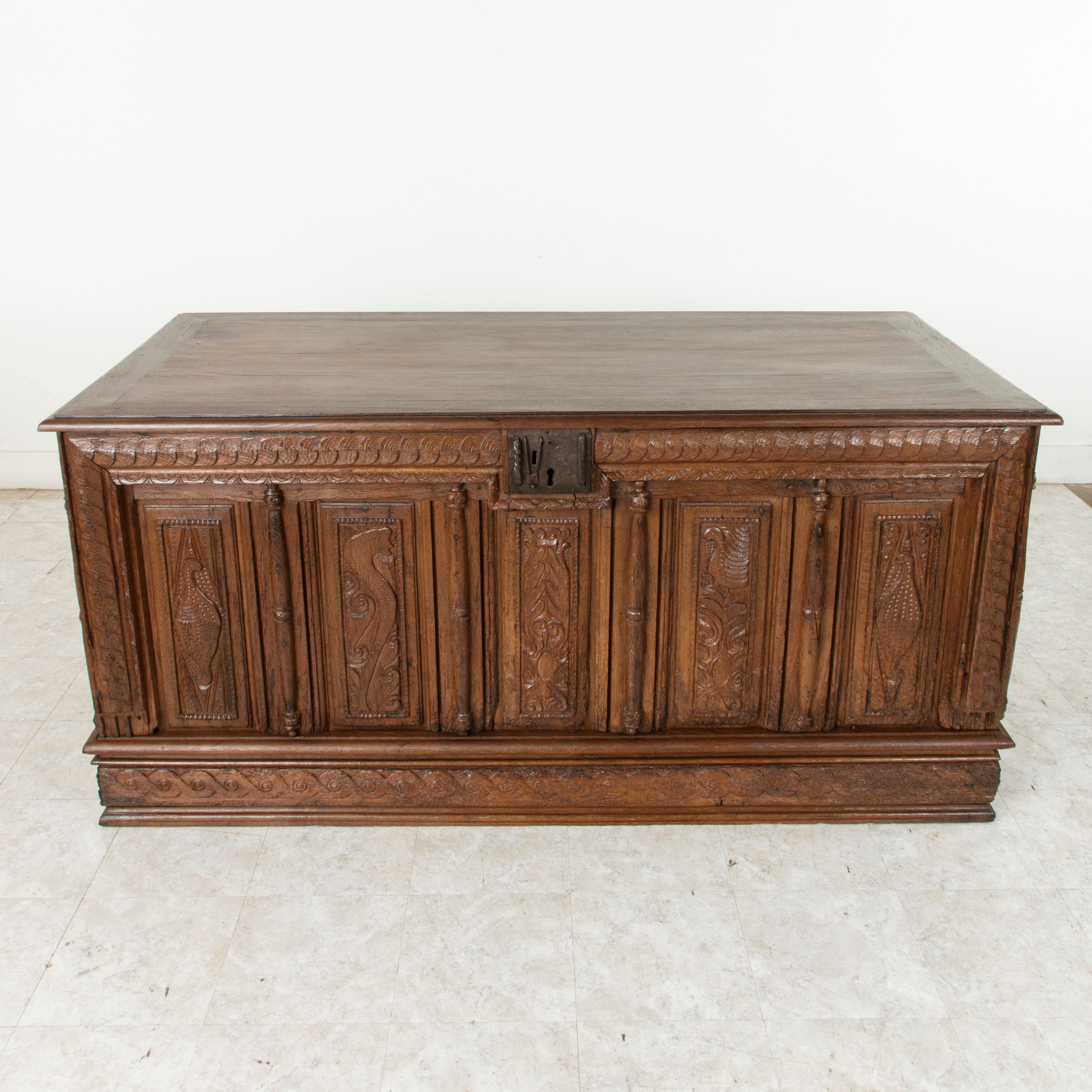 Large French Louis XIII Period Hand Carved Oak Coffer, Desk, Counter, circa 1631 In Good Condition In Fayetteville, AR