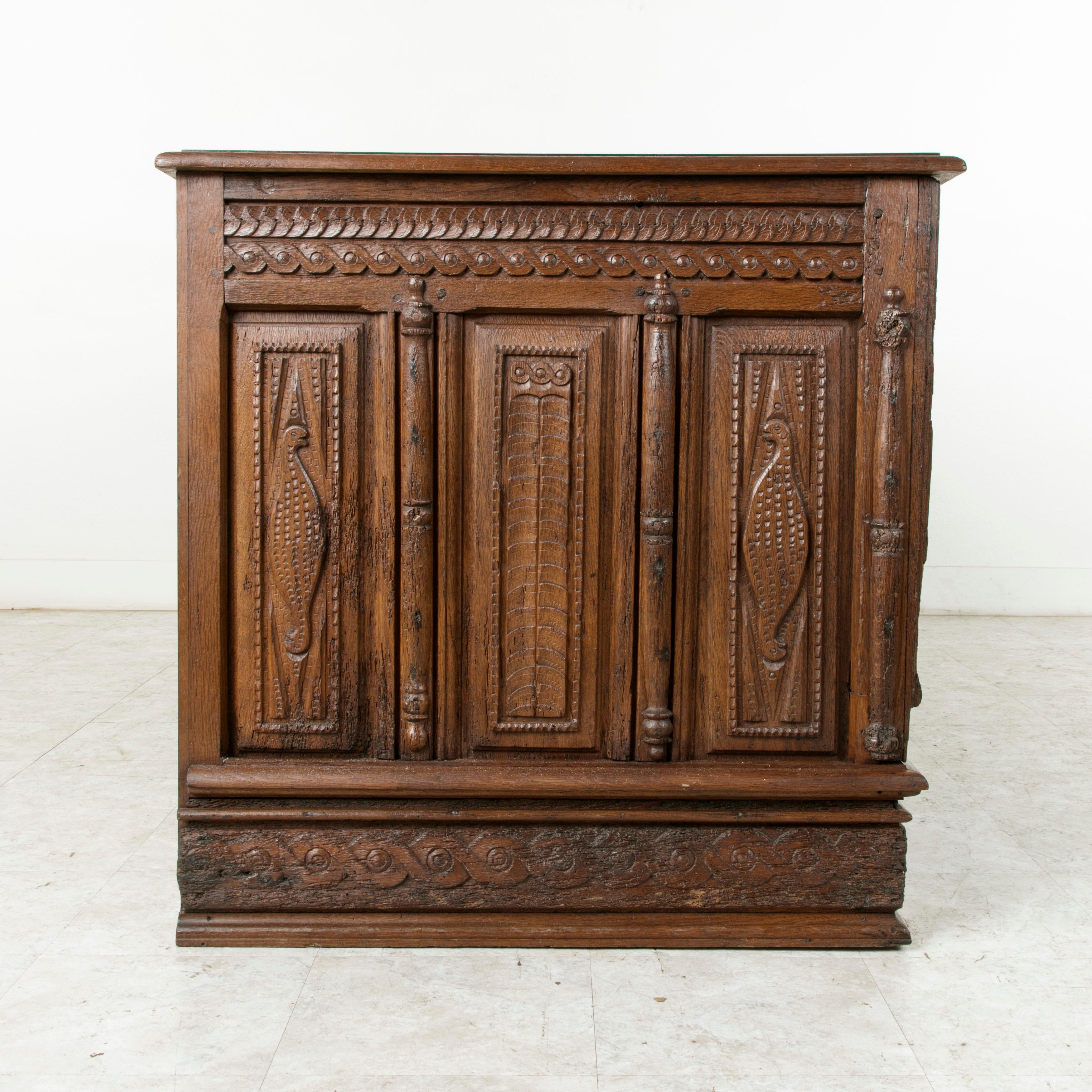 Mid-17th Century Large French Louis XIII Period Hand Carved Oak Coffer, Desk, Counter, circa 1631